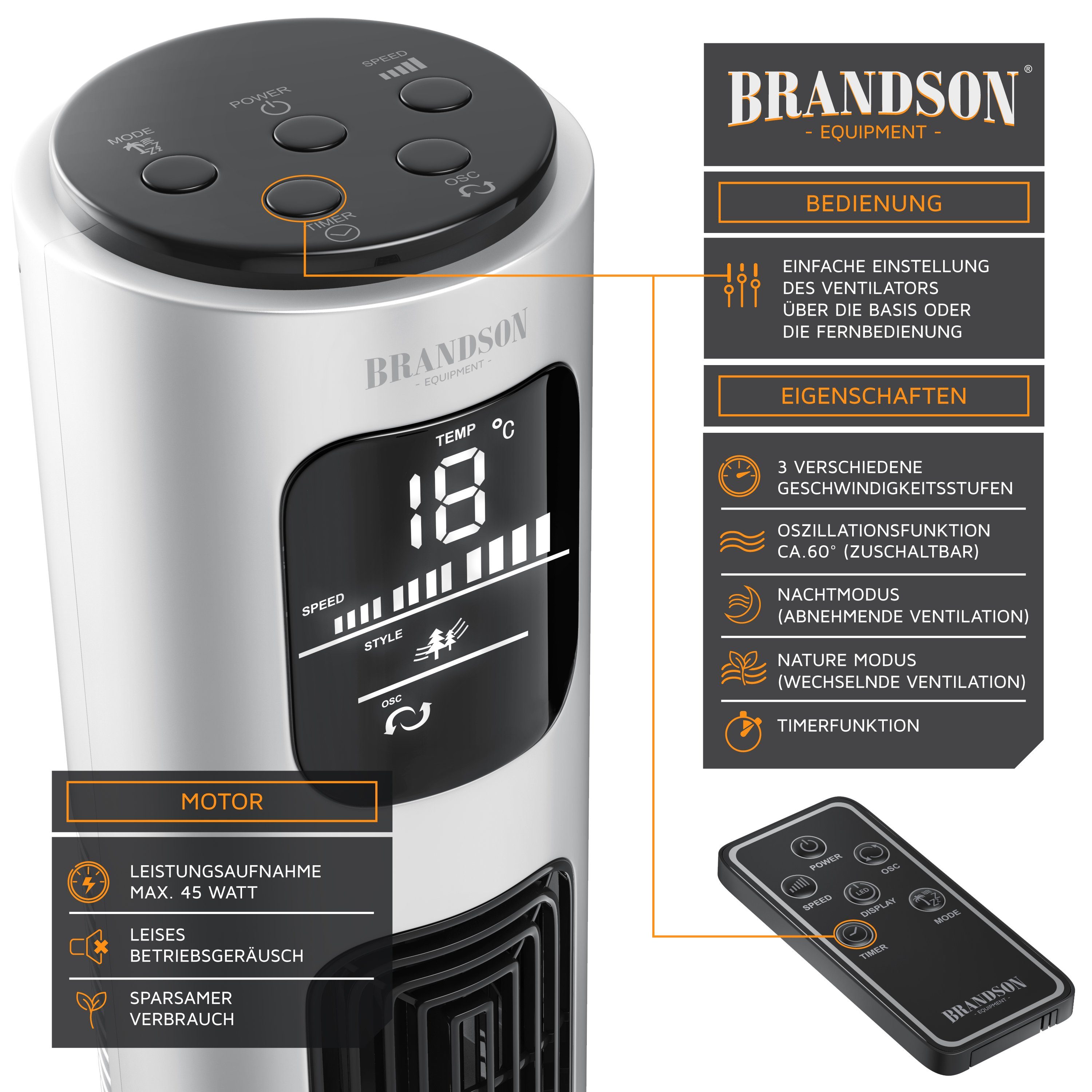 Brandson Turmventilator Oszillation 65°, Timer, Fernbedienung, Standventilator 96cm, Perlweiß, Preisträger 2025, mobiler Lüfter leise, 4 Lüftungs-Modi, GS-Geprüft