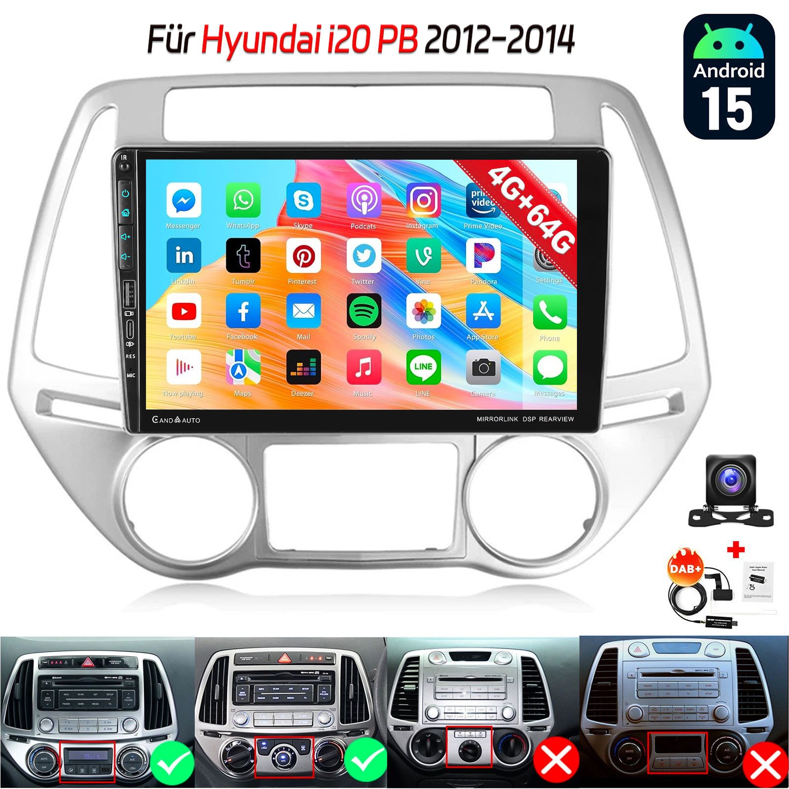 Android15 Autoradio GPS Navi Für Hyundai i20 PB 2012-14 mit USB Type-C Autoradio