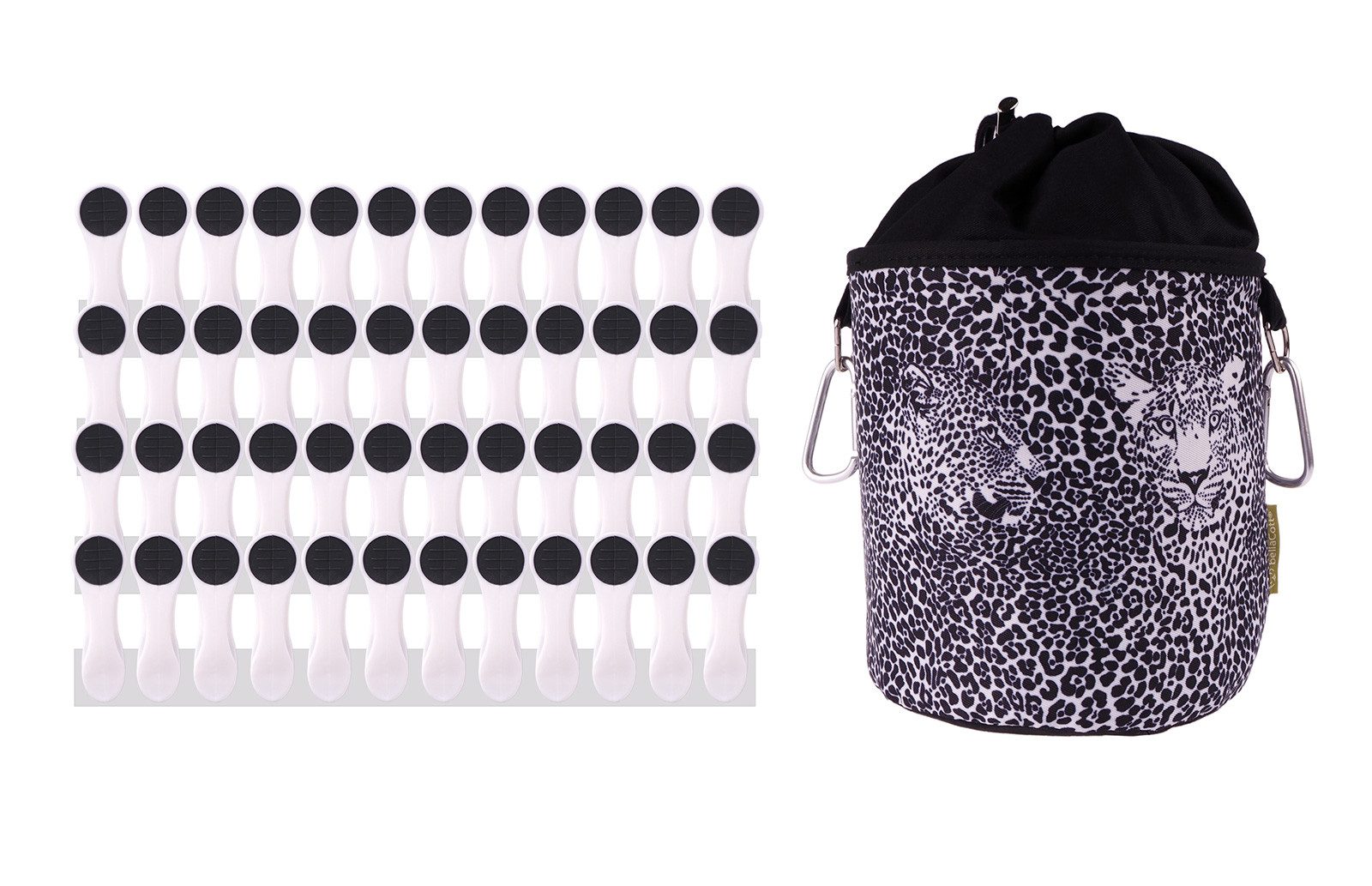 trendfinding Wäscheklammern 48 Wäscheklammern Weiß Edelstahl, 1 Klammerbeutel Leopard Schwarz, Mit neuester Klammertechnik für empfindliche Wäsche
