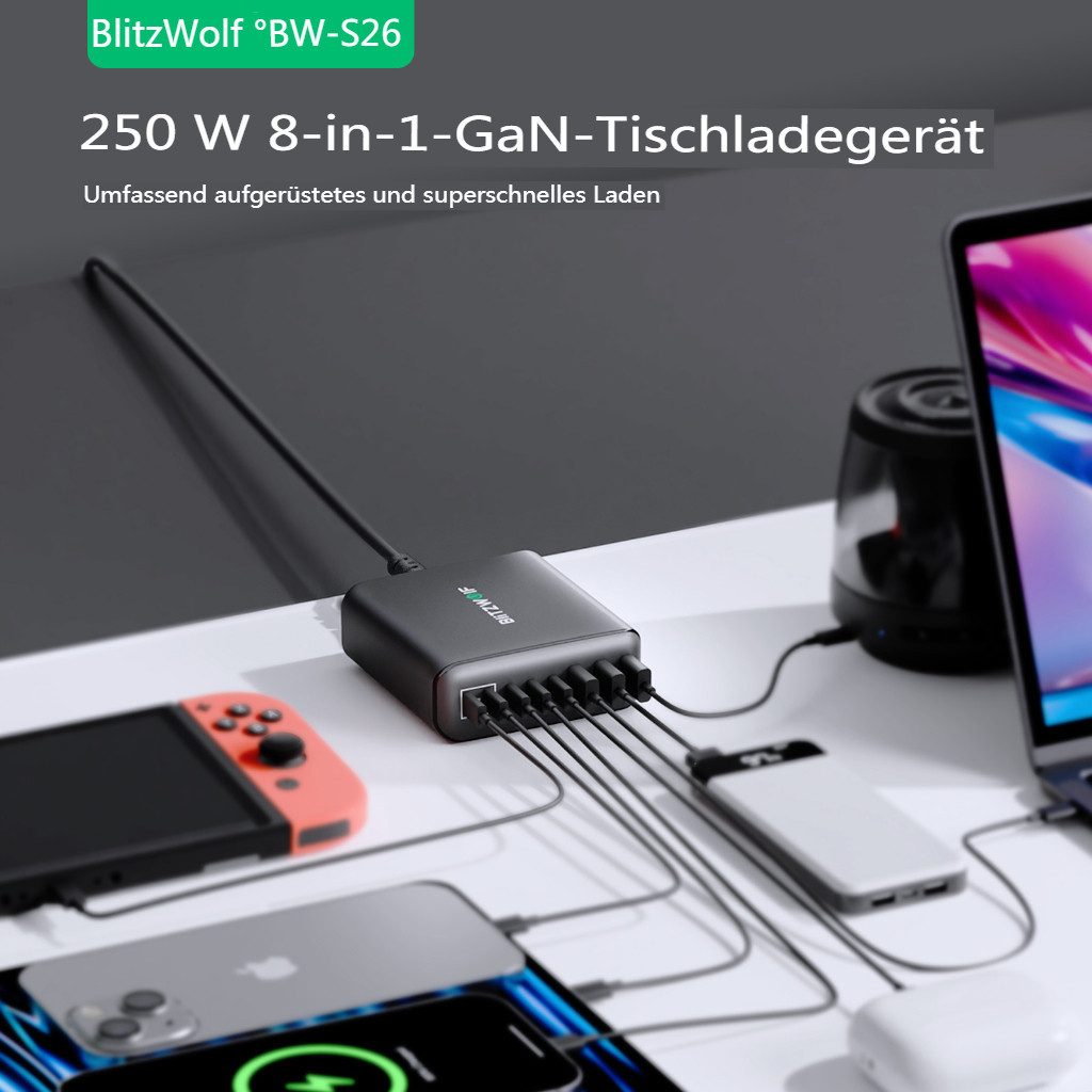 BLiTZWOLF 250W 8-Port GaN USB-Ladegerät (5x USB-C PD + 3x USB-A Schnellladegerät, Smartphone Laptop Ladegerät, Desktop-Ladestation)
