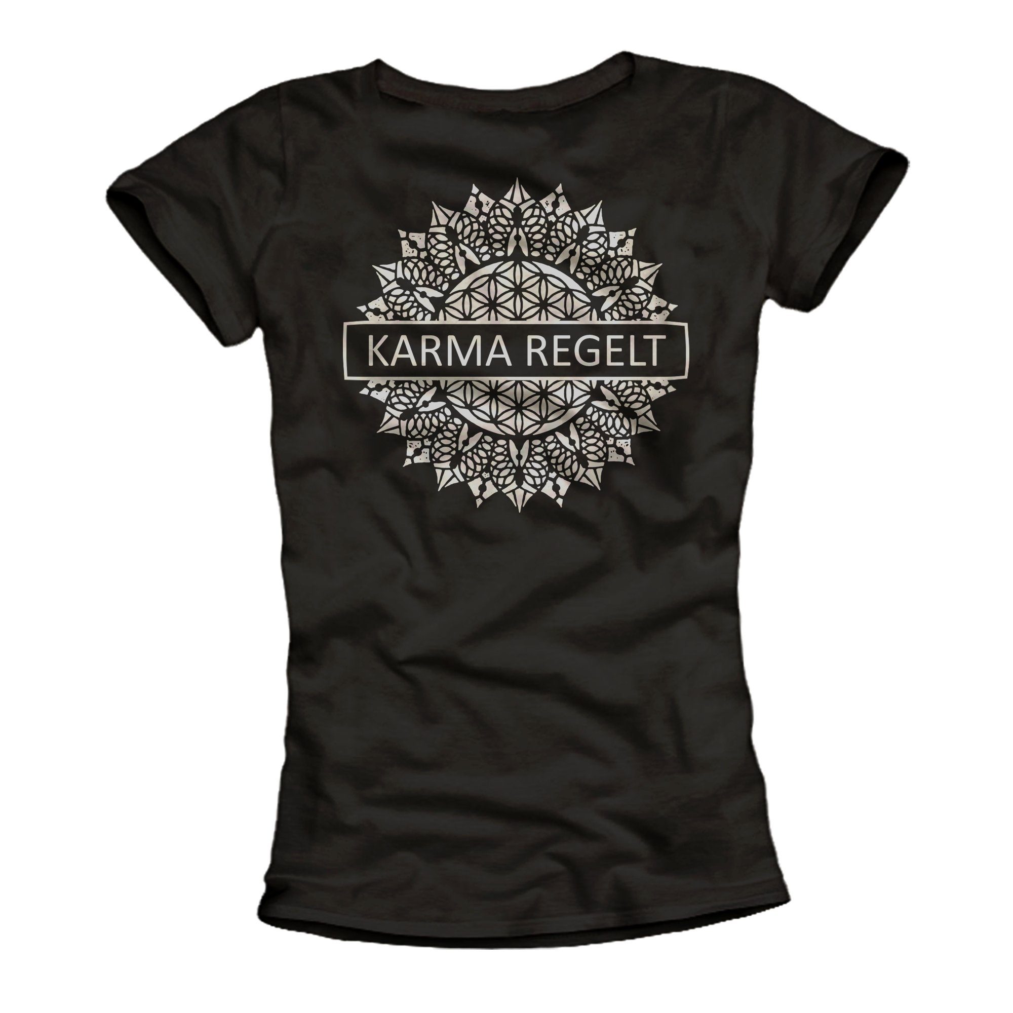 Druck Spruch MAKAYA Sprüche Rückenprint, Rücken Rückendruck Print-Shirt Aufdruck Damen Karma Mandala Schwarz