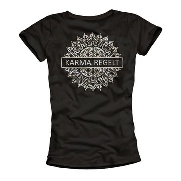 MAKAYA Print-Shirt Damen Mandala Aufdruck Spruch Karma Sprüche Rückendruck Druck Rücken Rückenprint, Schwarz