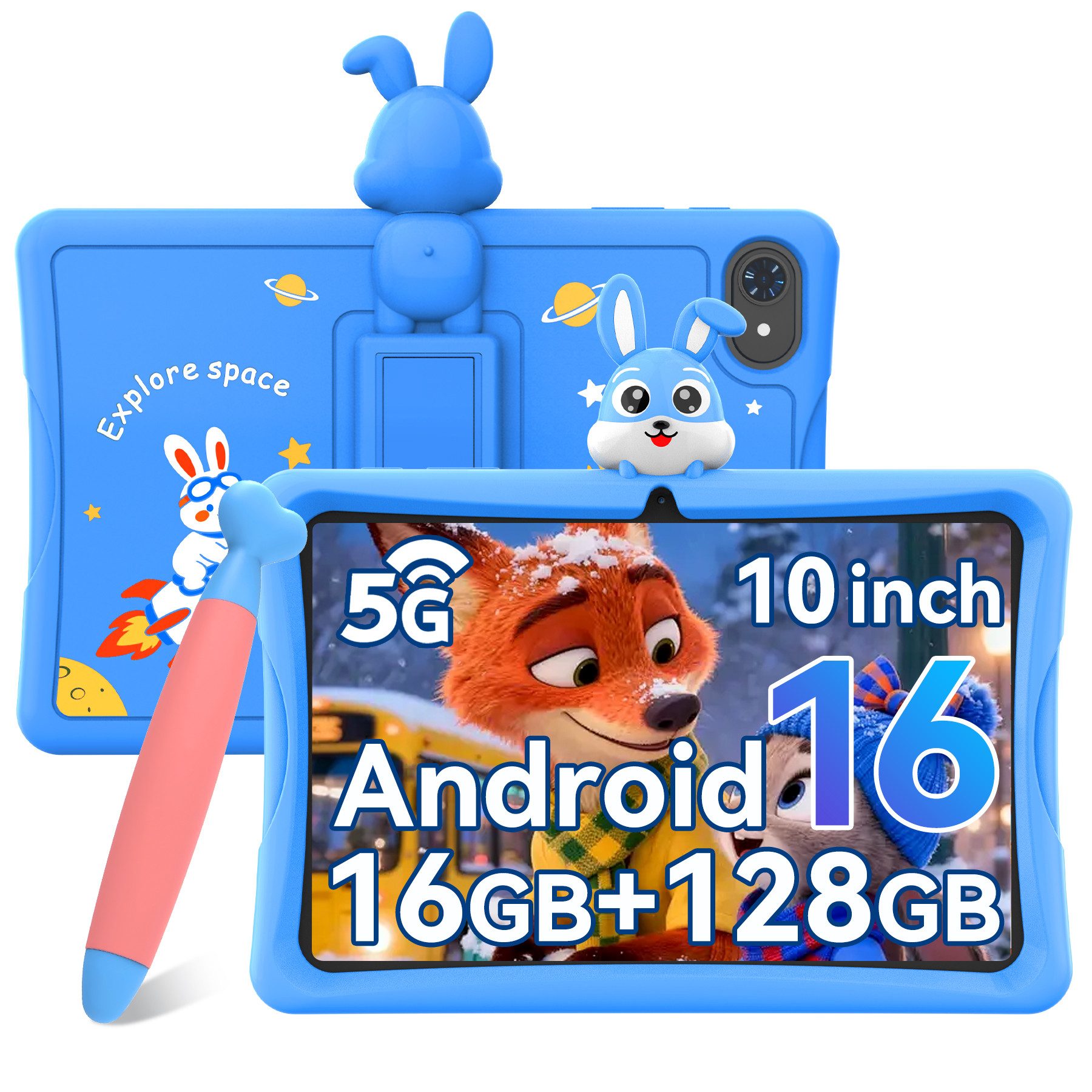 TABWEE 10" Android 16 Kindertablet 128 GB mit Stift Tablet (10", 128 GB, Android16, 5000mAh, stoßfeste Silikonhülle, Elternkontrolle, Google Kids Space)