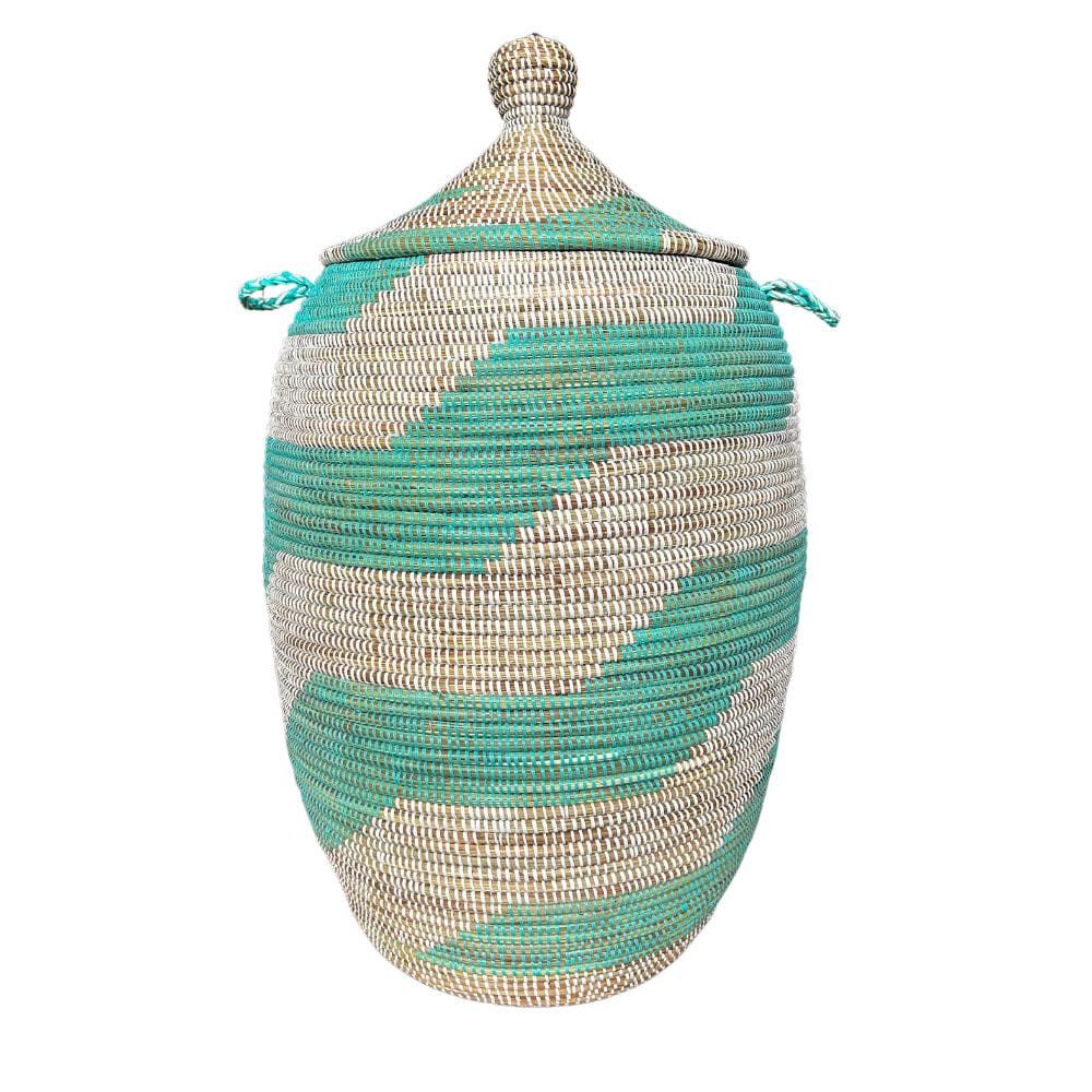 Wäschekorb Wäschekorb Senegal XXL - Zick Zack - Türkis, Handgeflochtener Wäschekorb aus traditionellem Kunsthandwerk