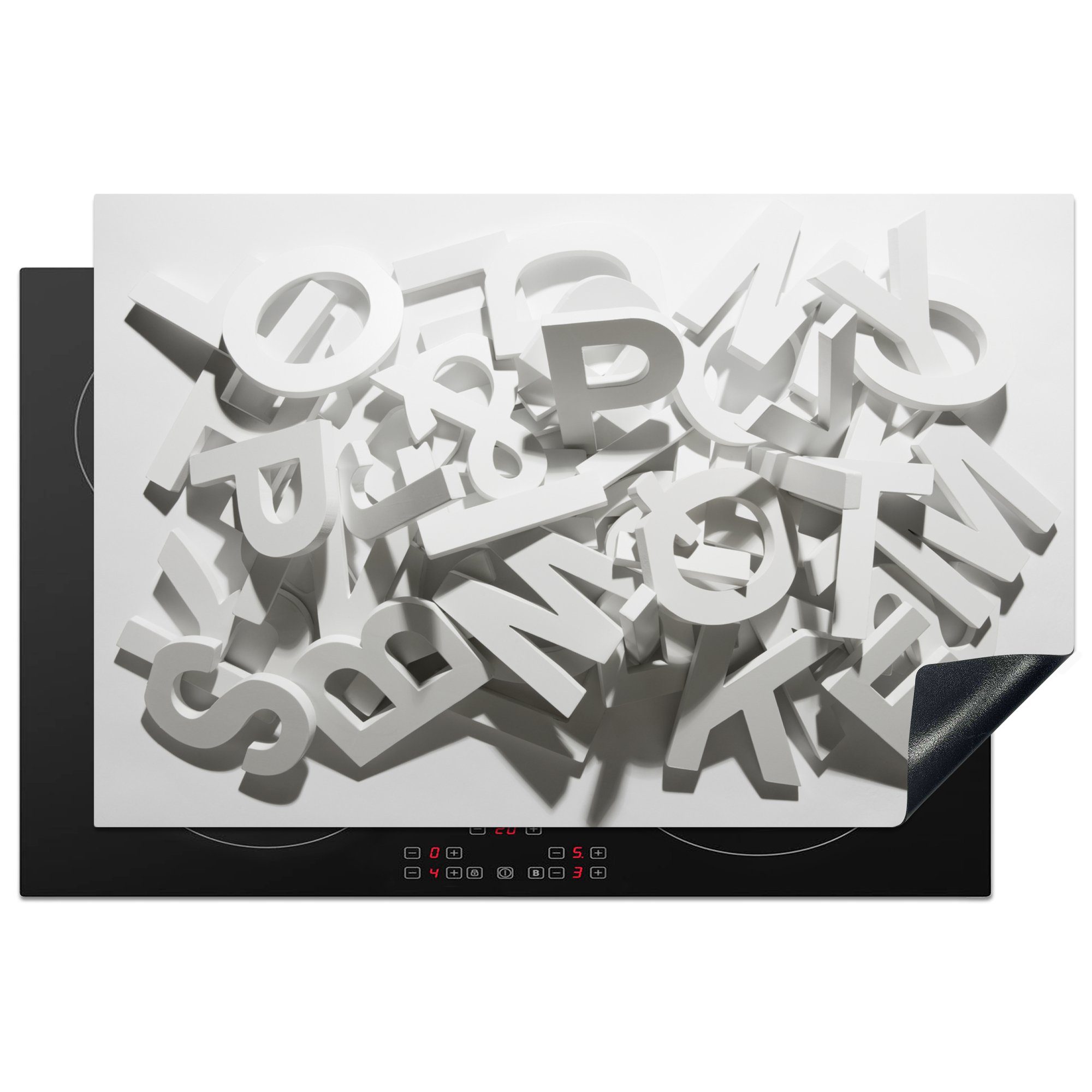 MuchoWow Herdblende-/Abdeckplatte Ein Stapel verschiedener weißer Blockbuchstaben aus dem Alphabet, Vinyl, (1 tlg), 81x52 cm, Induktionskochfeld Schutz für die küche, Ceranfeldabdeckung