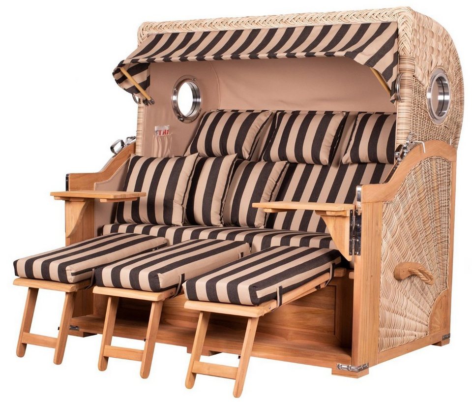 bene living Strandkorb Königssee 3-Sitzer Teak - PE shell - Modell 581,  BxTxH: 170x95x170 cm, Volllieger ca. 175 Grad, Ostsee-Strandkorb, inkl.  Liftersystem und Bullaugen