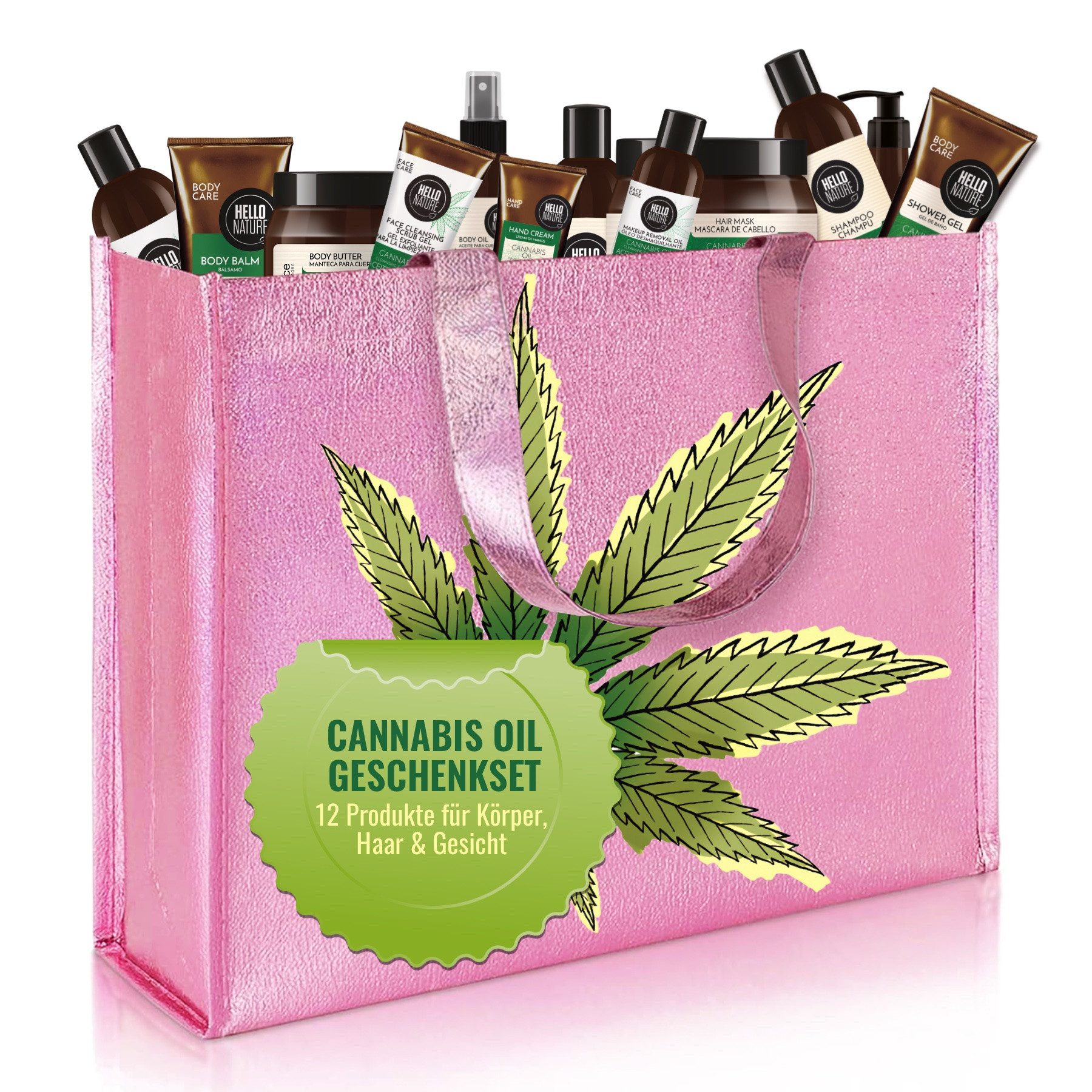 P-Beauty Cosmetic Accessories Pflege-Geschenkbox Hello Nature Pflege Haare Body Set Geschenkset Damen Beauty Cannabis, 12-tlg., Hautpflege, Haarpflege, Körperpflege, Cannabis, Hanföl, Geschenk box