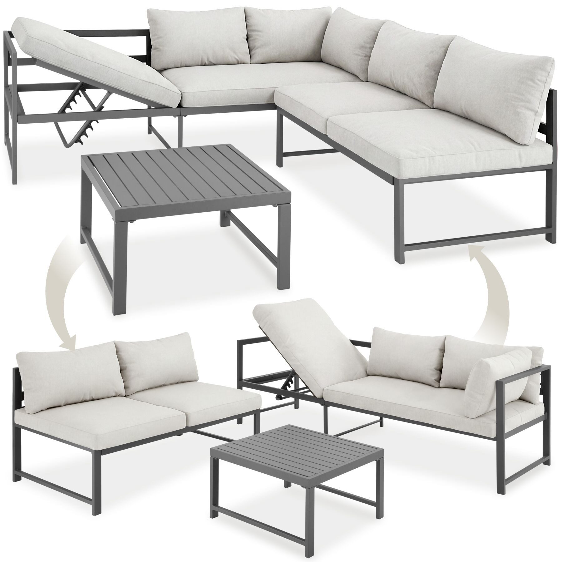 tectake Gartenlounge-Set Aluminium Garnitur Faro - verstellbare Rückenlehne, (Set., 3-tlg., in Grau), Wetterfeste und absolut rostfreie Konstruktion