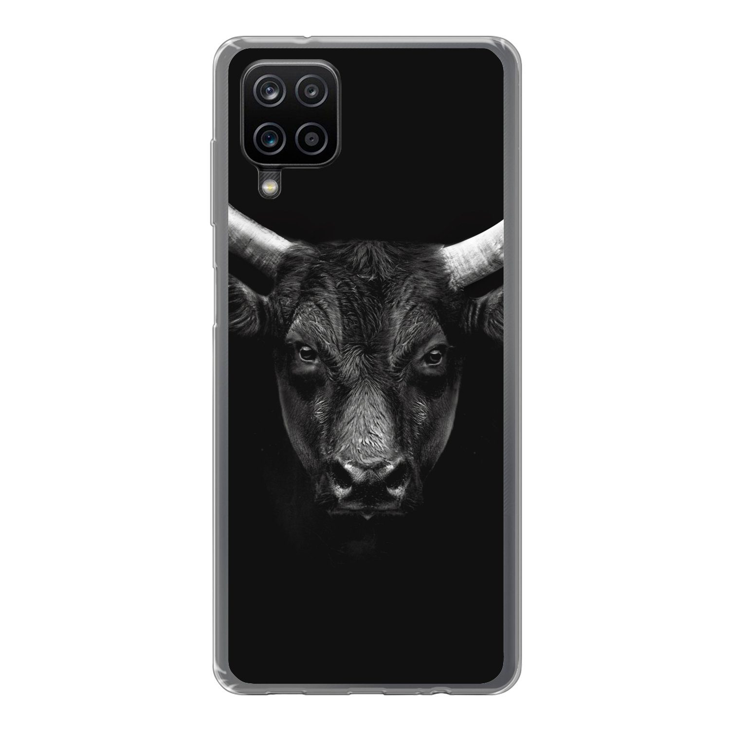 Handyhülle für Samsung Galaxy A12 Tiere - Stier - Schwarz - Weiß - Porträt