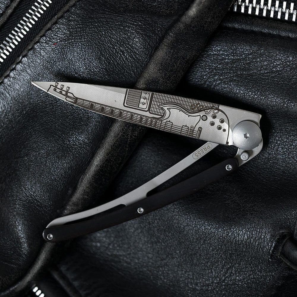 Deejo Taschenmesser ? Klappmesser 37g ? Edelstahl ? Holzgriff ? Rock?n?Roll Gravur