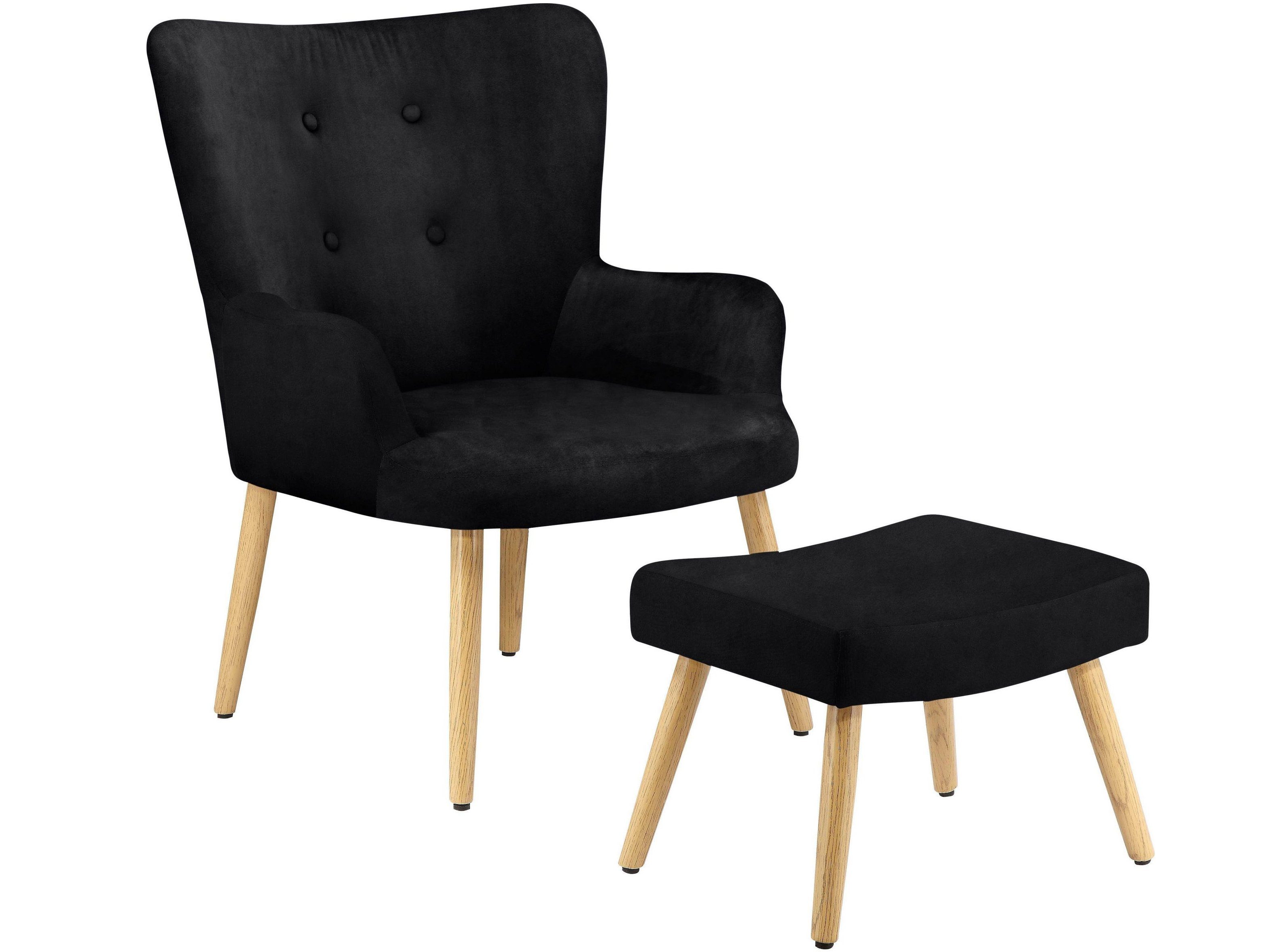 loft24 Sessel Cora (2-tlg. Set, Sessel mit Hocker), mit Knopfheftung, Relaxsessel mit Fußhocker, Samtbezug, Holzbeine schwarz