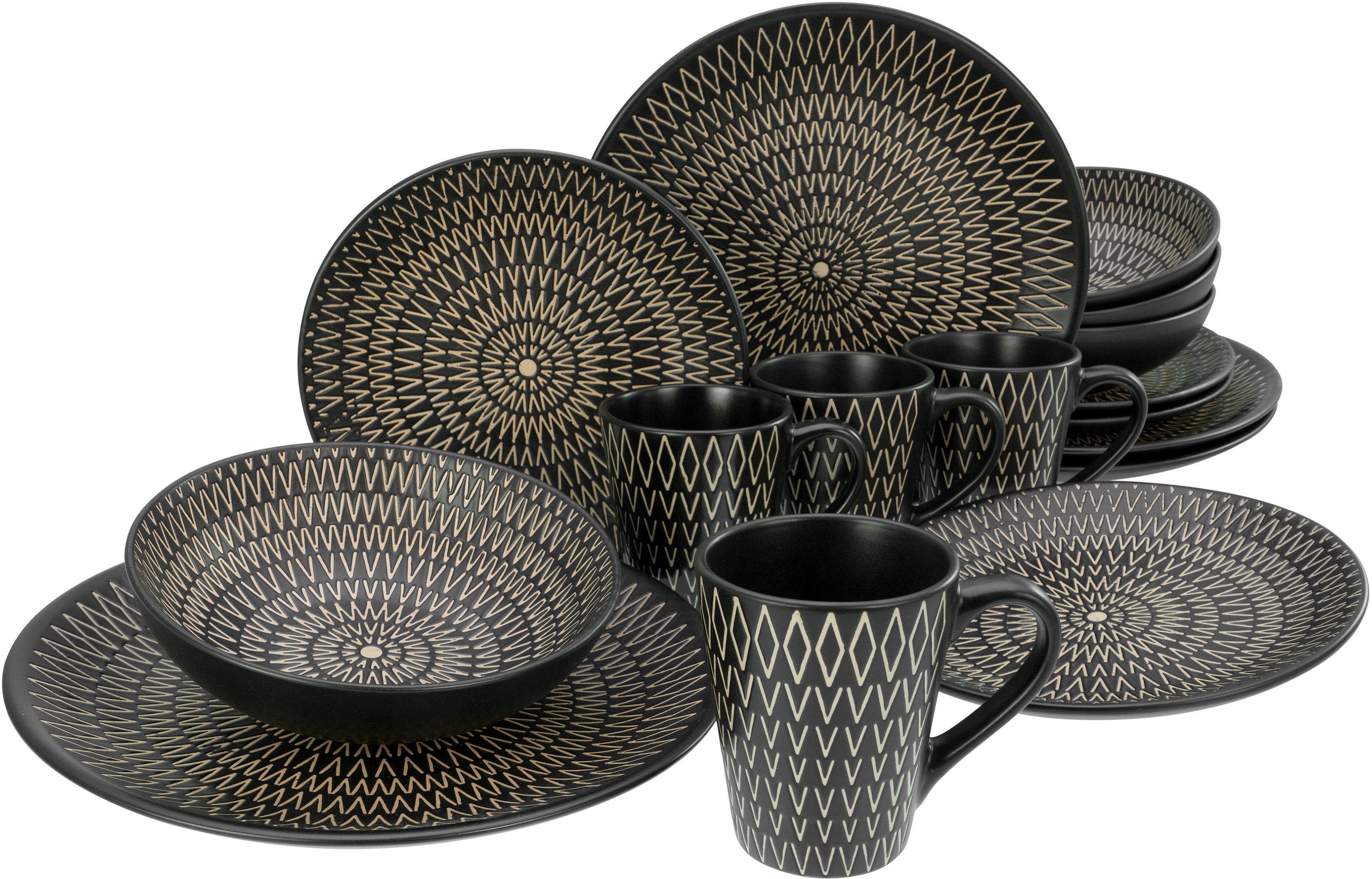 CreaTable Комбинированное обслуживание Geschirr-Set Crafted (16-tlg), 4 Personen, Steinzeug, Service, schwarz, Rautenrelief, Ethnostyle, 16 Teile, für 4 Personen