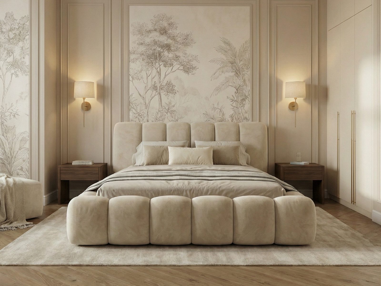 yourhouse24 Polsterbett DALLAS Slim Bubble-Design aus Samt, inkl. Bettkasten, Platzsparendes Chunky-Bett aus weichem Velours mit HDF-Boden