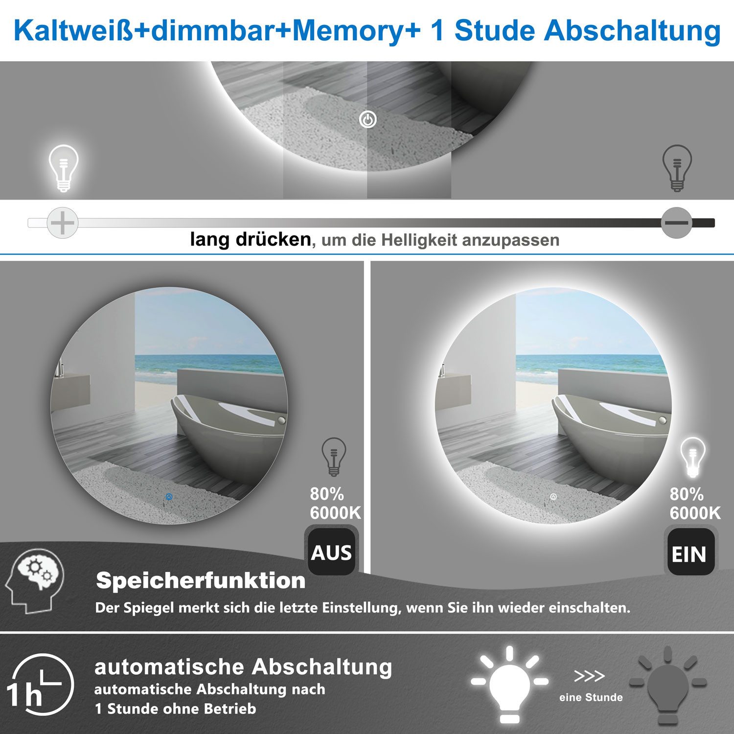 Duschparadies GmbH Badspiegel Wandspiegel mit LED-Beleuchtung Modern (mit Beleuchtung, Ø50~80cm, Dimmbar, Intelligenter Touchschalter) – Bild 3 von 5
