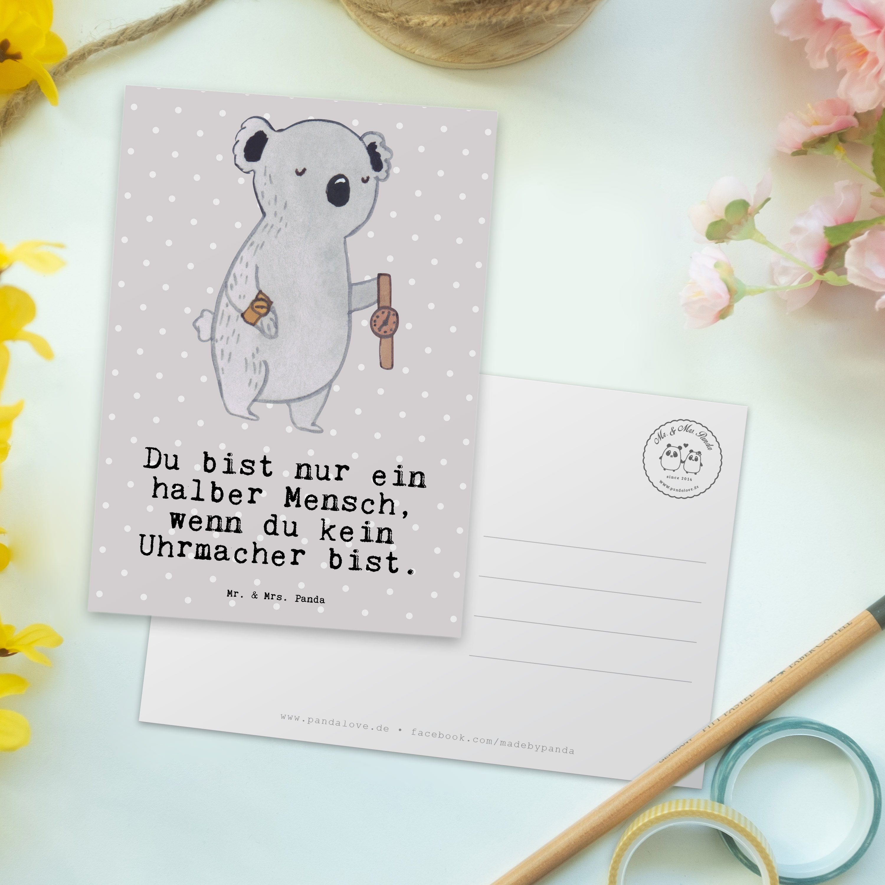 Uhrmacher mit Herz Panda - Pastell Postkarte Mr. Danke Geburtstagskarte, Geschenk, - & Grau Mrs.