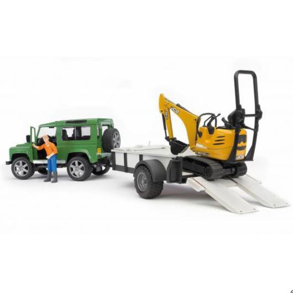 Bruder® Spielzeug-Auto 02593 Land Rover Defender mit Einachsanhänger, JCB Mikrobagger 8010 CTS und Bauarbeiter 1:16