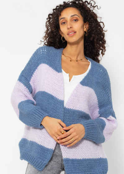 SASSYCLASSY Cardigan Oversize Strickjacke Damen aus weichem Grobstrick Lässiger Strick Cardigan mit Streifen, Made in Italy