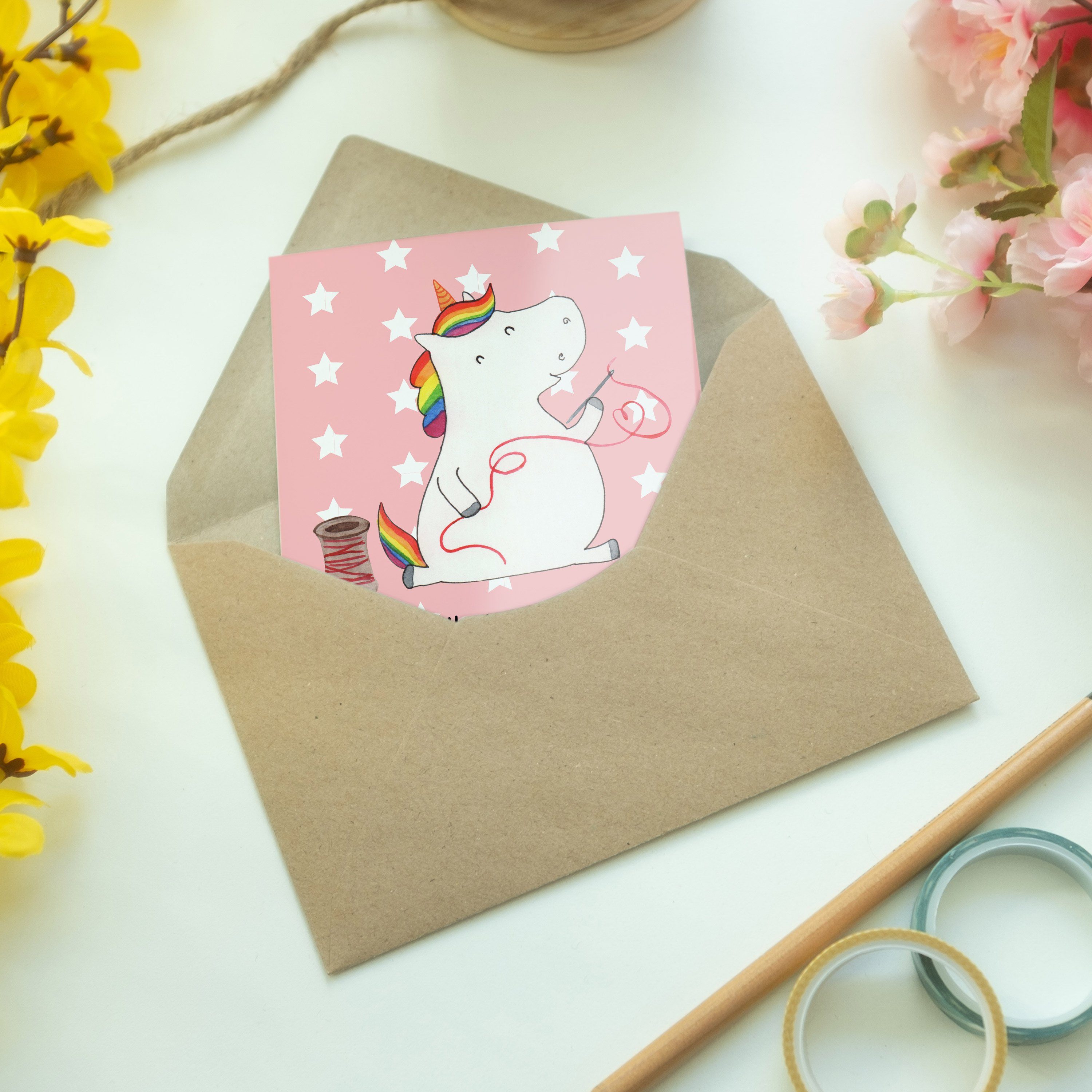 Einhorn Grußkarte Näherin Glückwunschkarte, Panda - & Mr. Geschenk, - Rot Pegasus Pastell Mrs.