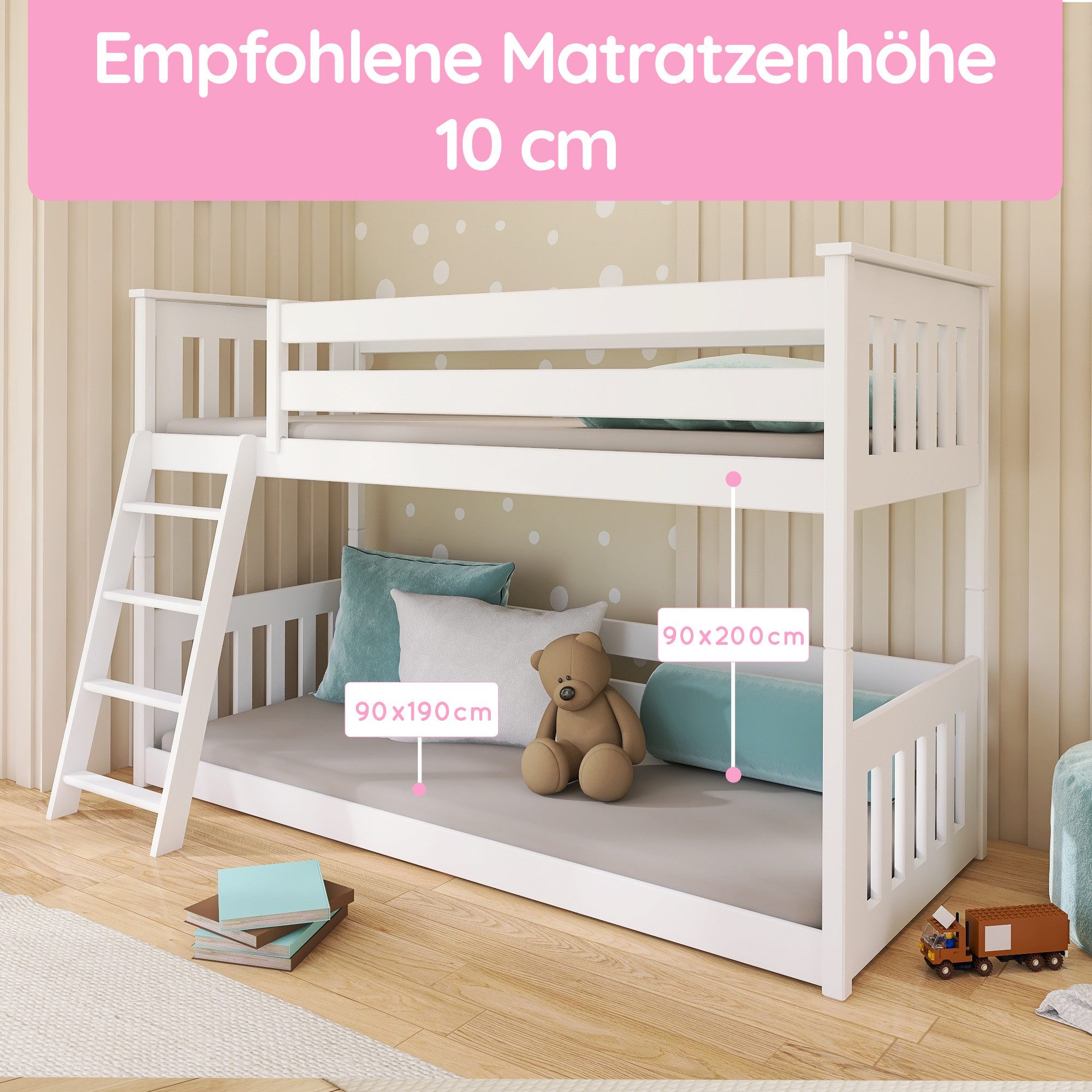 Kids Collective Bunk Bed, Loft Bed, Children's Bed 90x200 cm with Safety Rail & Slatted Base, Bed for Girls & Boys 90x200 cm, Solid Pine Wood, White