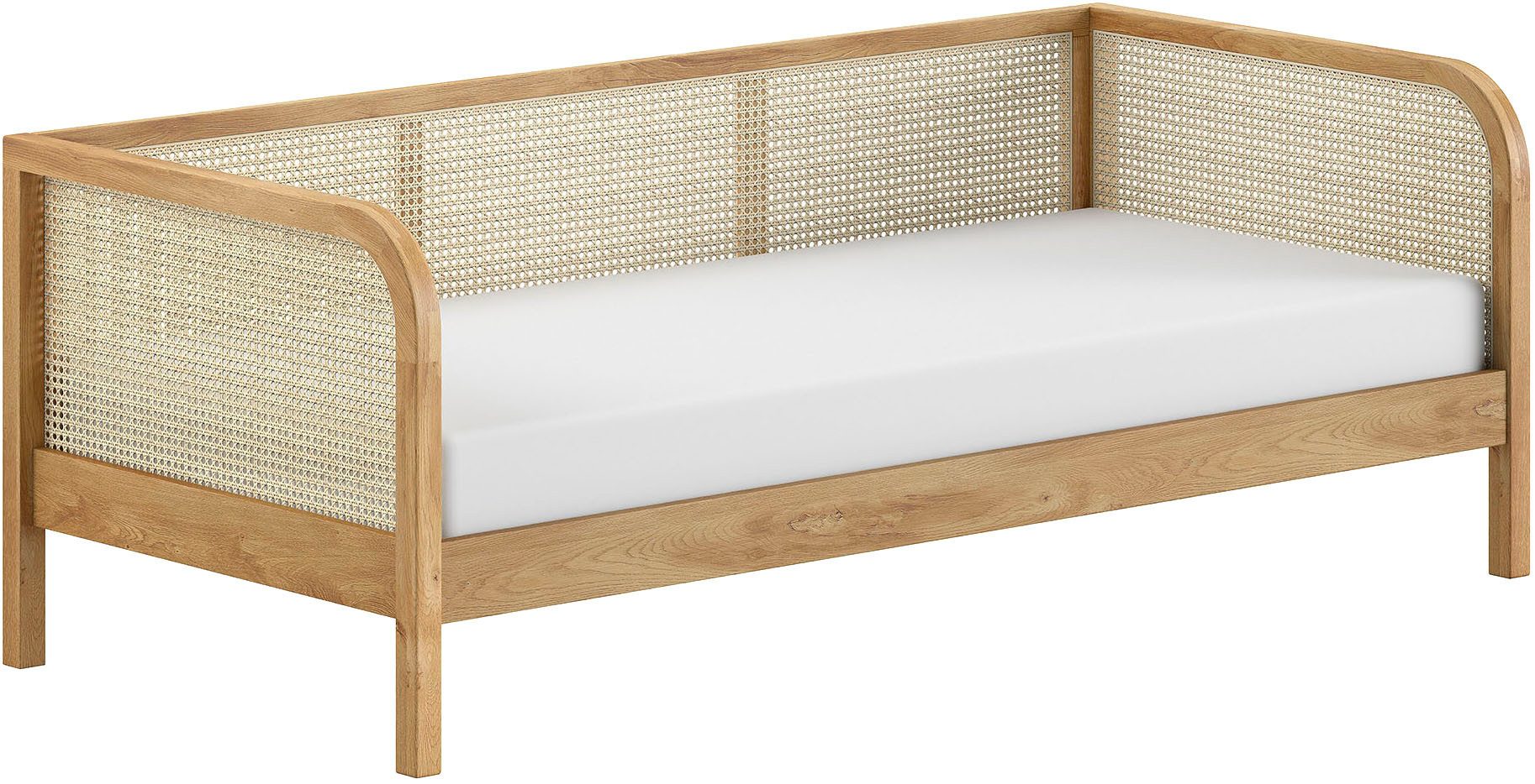 Vipack Bett Olive, mit Eiche massiven Bettpfosten, Bettseiten furniert (B/H/T ca. 210x75x96,6cm, Auf. Natur, zeitloses Design), 90/200 inkl. Lattenrost und trendigen Rattan Kopf- u. Seitenteilen