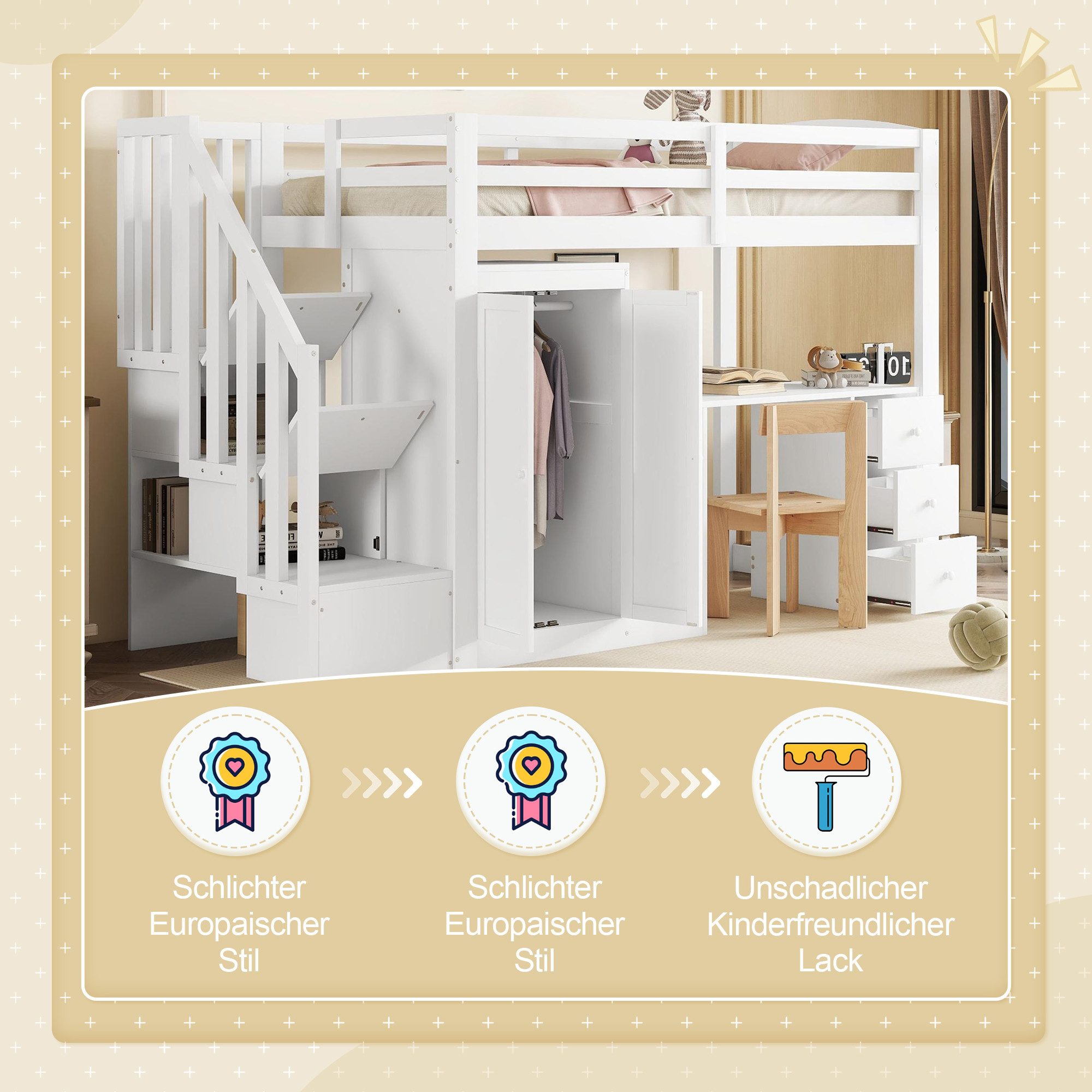 Ulife Hochbett für Kinder, 90x200cm, Kinderbett mit Schreibtisch & Kleiderschrank (1-St., Ohne Matratze) mit Treppe,Stauraum, stabil & ideal für Kinder- und Jug – Bild 5 von 5
