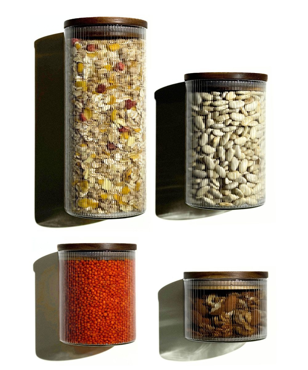 Zoha Vorratsglas Luftdichte Vorratsgläser mit geriffeltem, stapelbarem Glas, Borosilikatglas, (Akazienholz-Deckel Komplett Set, 4-tlg., Verschiedene Größen), Behälter aus Glas - Borosilikatglas