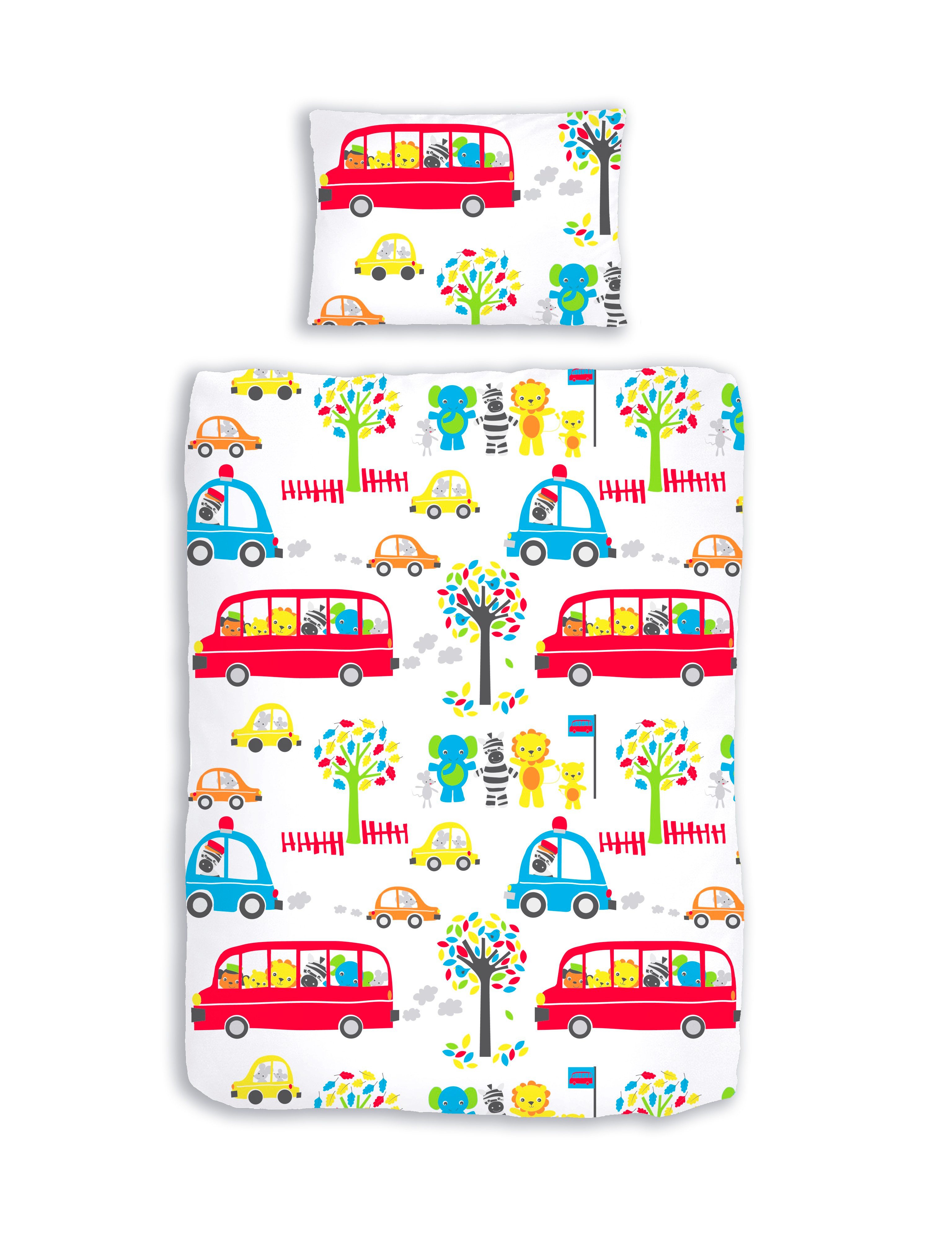 DOBNIG Babybettwäsche Dobnig Renforcé Kinderbettwäsche 2tlg. 100x135 cm Bus Safari bunt, Renforcé, 2 teilig, Safari-Tiere im Bus-Design für farbenfrohe Kinderträume herbst winter