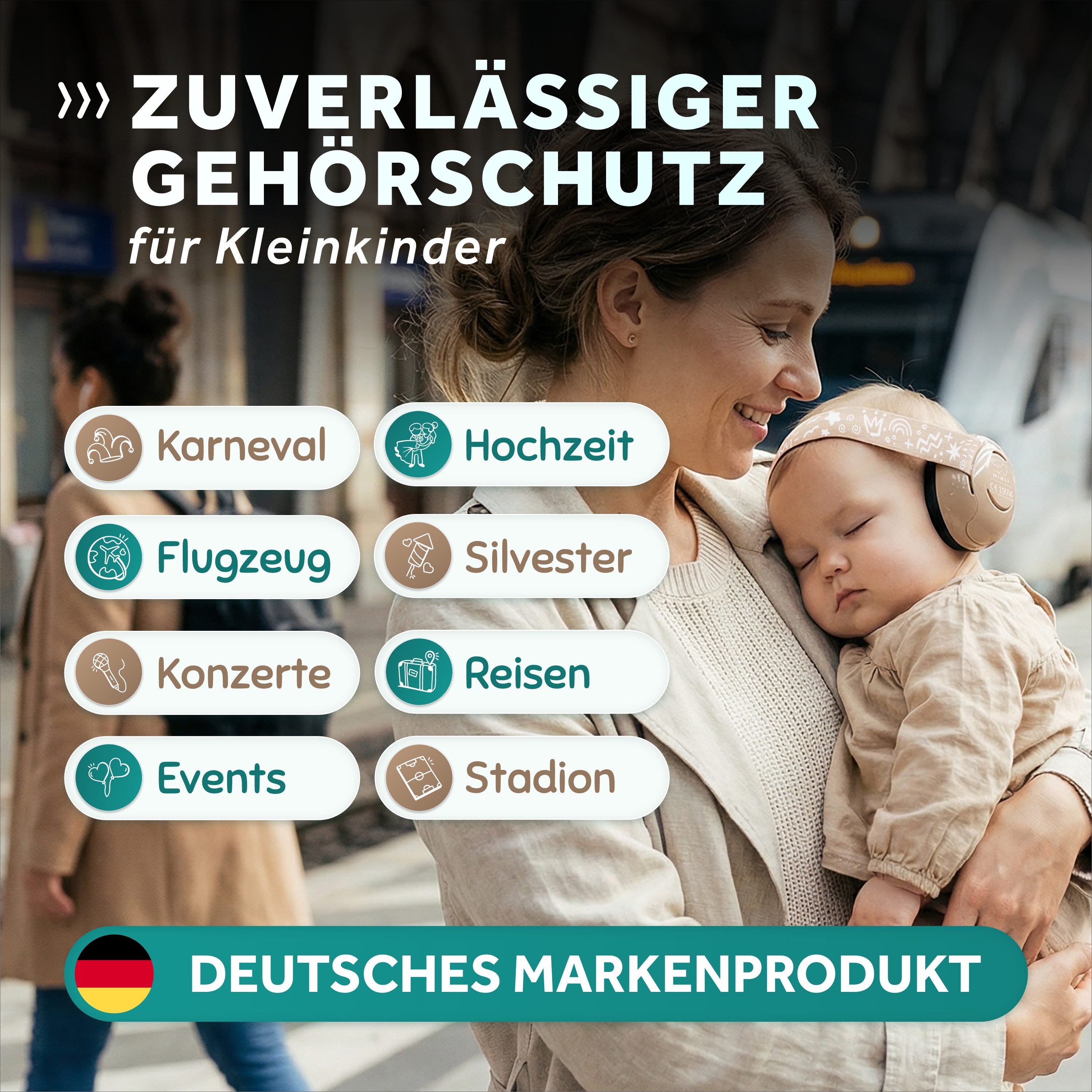 Schallwerk Kapselgehörschutz Mini+ Ohrenschützer für Kleinkinder - Gehörschutz Baby, (Kopfhörer Babys & Kleinkinder, Ohrenschutz für Babys mit verstellbaren Band), bis zu 52cm Kopfumfang