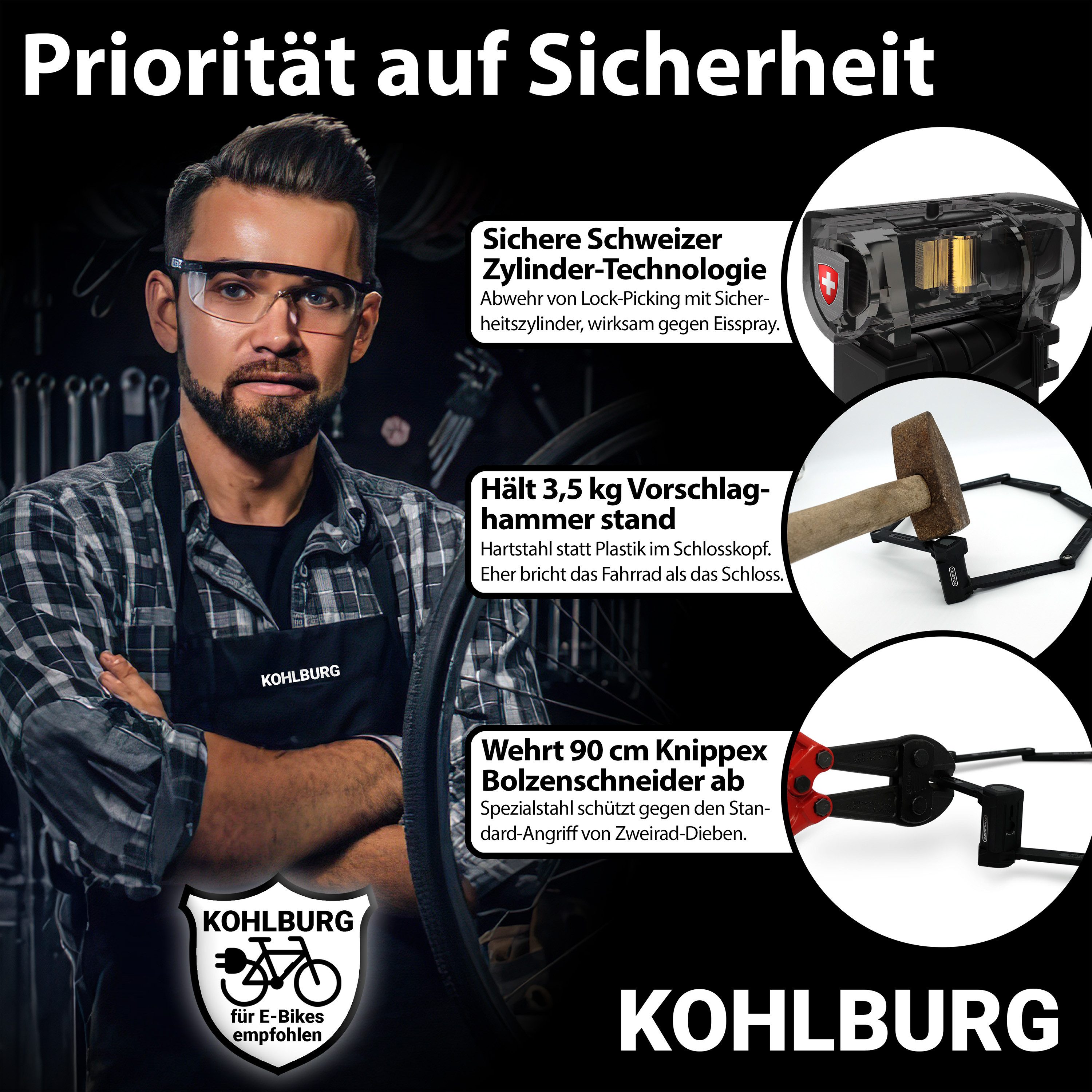 KOHLBURG Faltschloss mit höchster Sicherheit [Bolzenschneider-sicher] für Fahrrad & E-Bike, 110cm lang • Sicherheitsschloss mit 3 Schlüsseln • inkl. Halterung