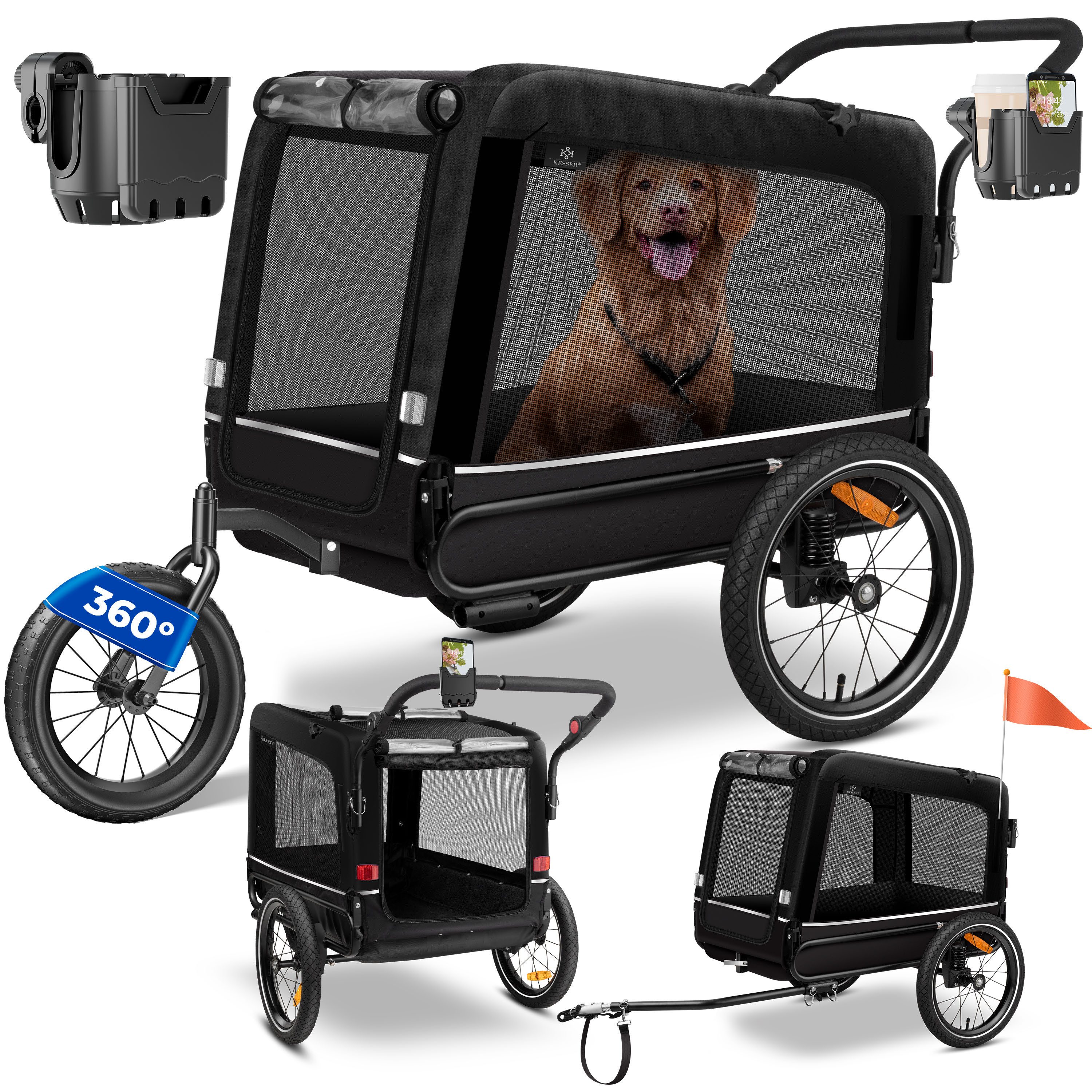 KESSER Fahrradhundeanhänger, Hundeanhänger Boxer 3-in-1 Hundebuggy Jogger Fahrradanhänger