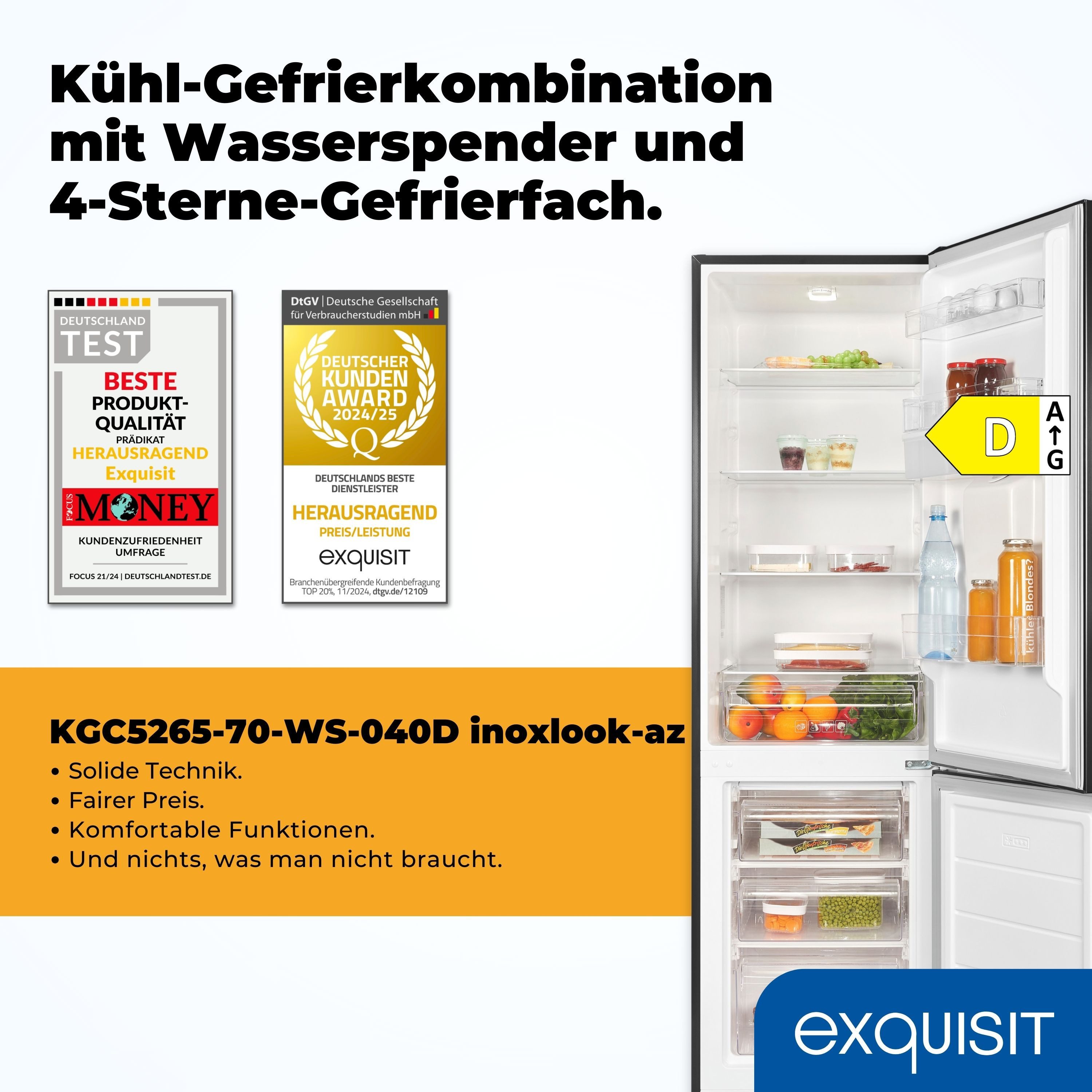 exquisit Kühl-/Gefrierkombination KGC5265-70-WS-040D, 179.5 cm hoch, 55 cm breit, 2 Jahre Herstellergarantie