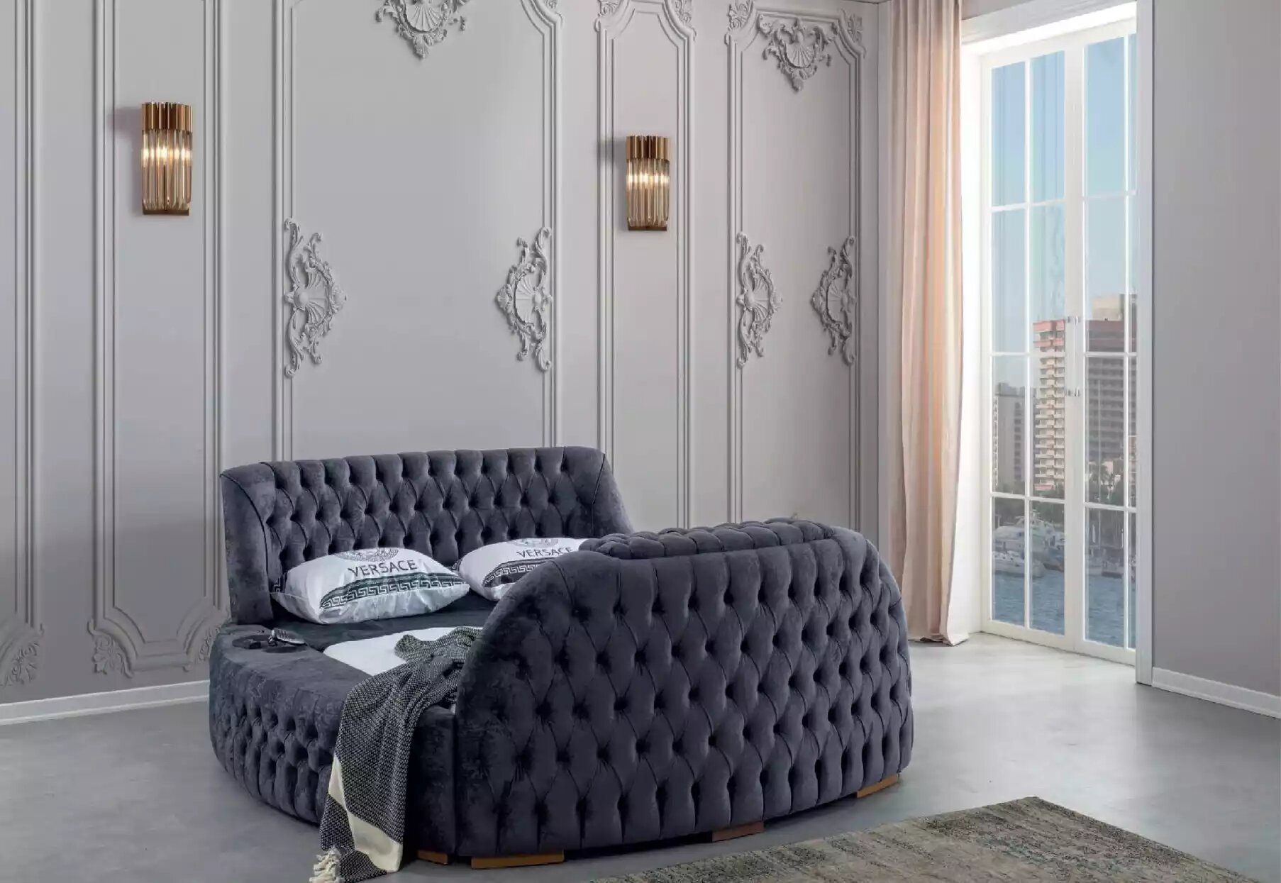 Chesterfield Bett (1-tlg., Fernseher mit TV JVmoebel Bett) Lift Luxus Betten Doppelbett Bett