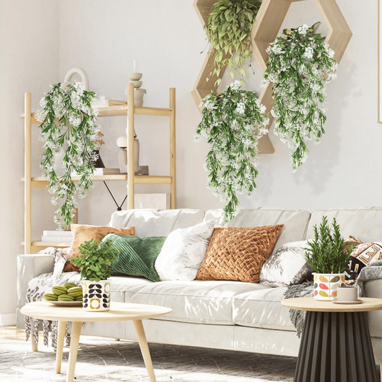 Kunstblumenstrauß Künstliche Kunstblumen-Ranke mit weißen Blüten,3 Stück Hängende Blumen, Diwzbyn, Hängepflanzen Wanddeko, Kunstblumen für Balkon, Wohnzimmer un – Bild 4 von 5