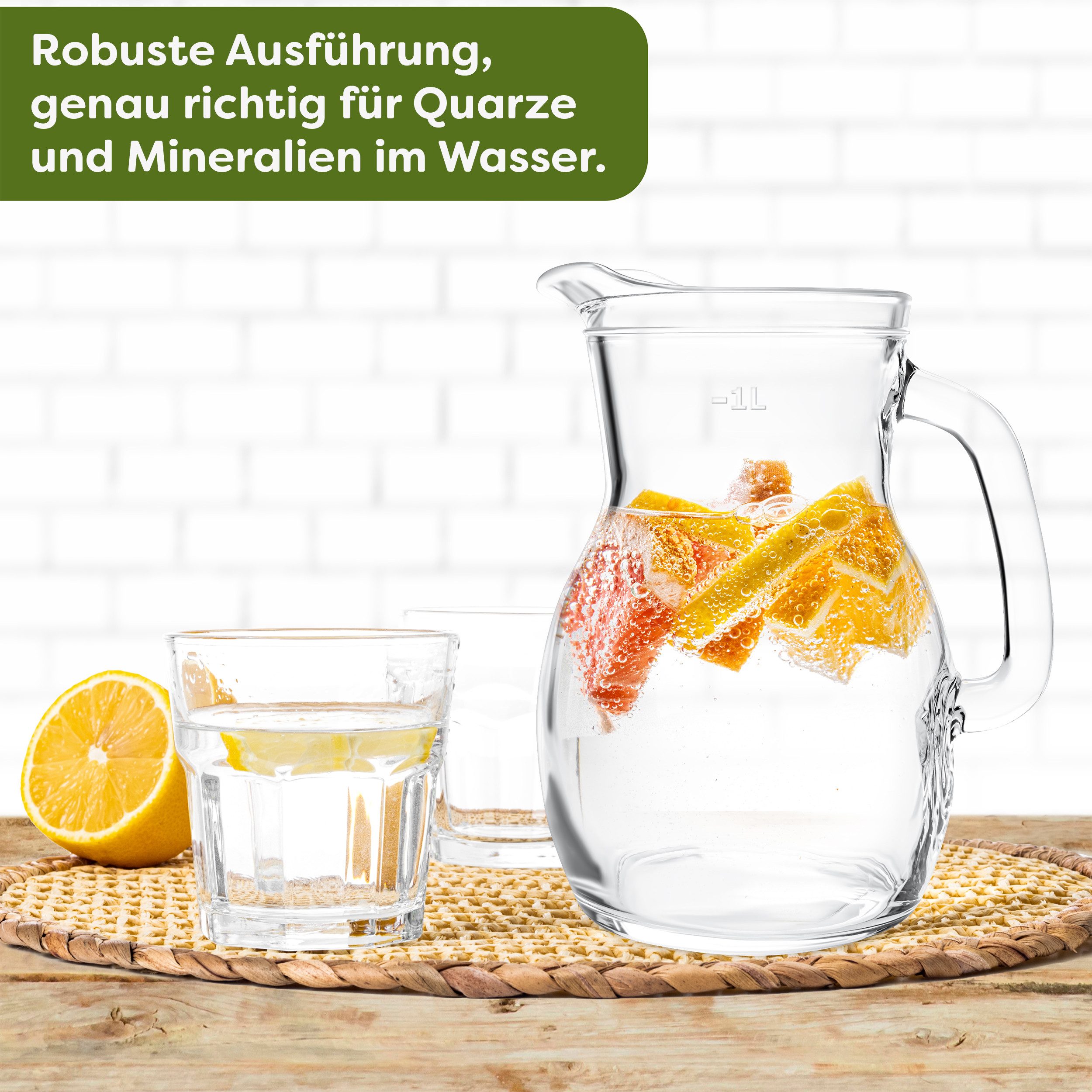 KONZEPT Wasserkrug Glaskrug Transparent Ergonomischer Griff, (1-tlg), Volumen: 1L, 500 ml, 250 ml. Set 1/2/3 Stk.