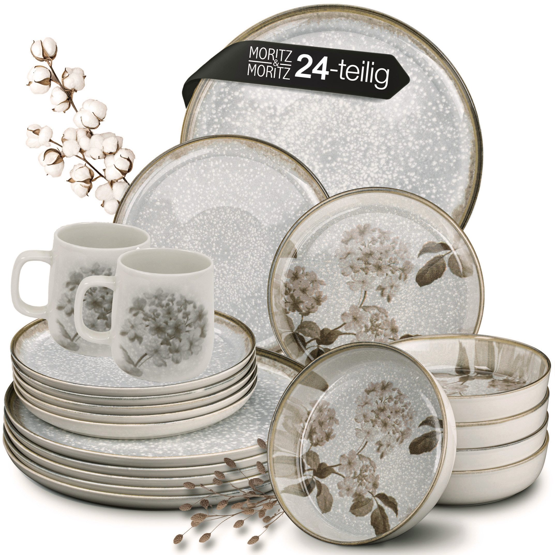 Moritz & Moritz Tafelservice BLOSSOM Geschirrset 24tlg (24-tlg), 6 Personen, Porzellan, Kombigeschirr für 6 Personen