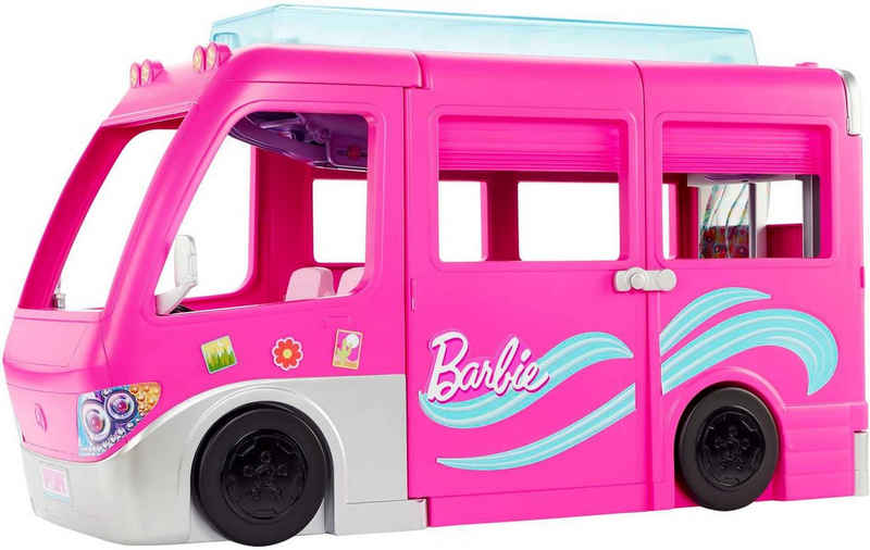 Barbie Spielzeug-Auto Super Abenteuer-Camper, mit Pool, Rutsche und über 60 Zubehörteilen