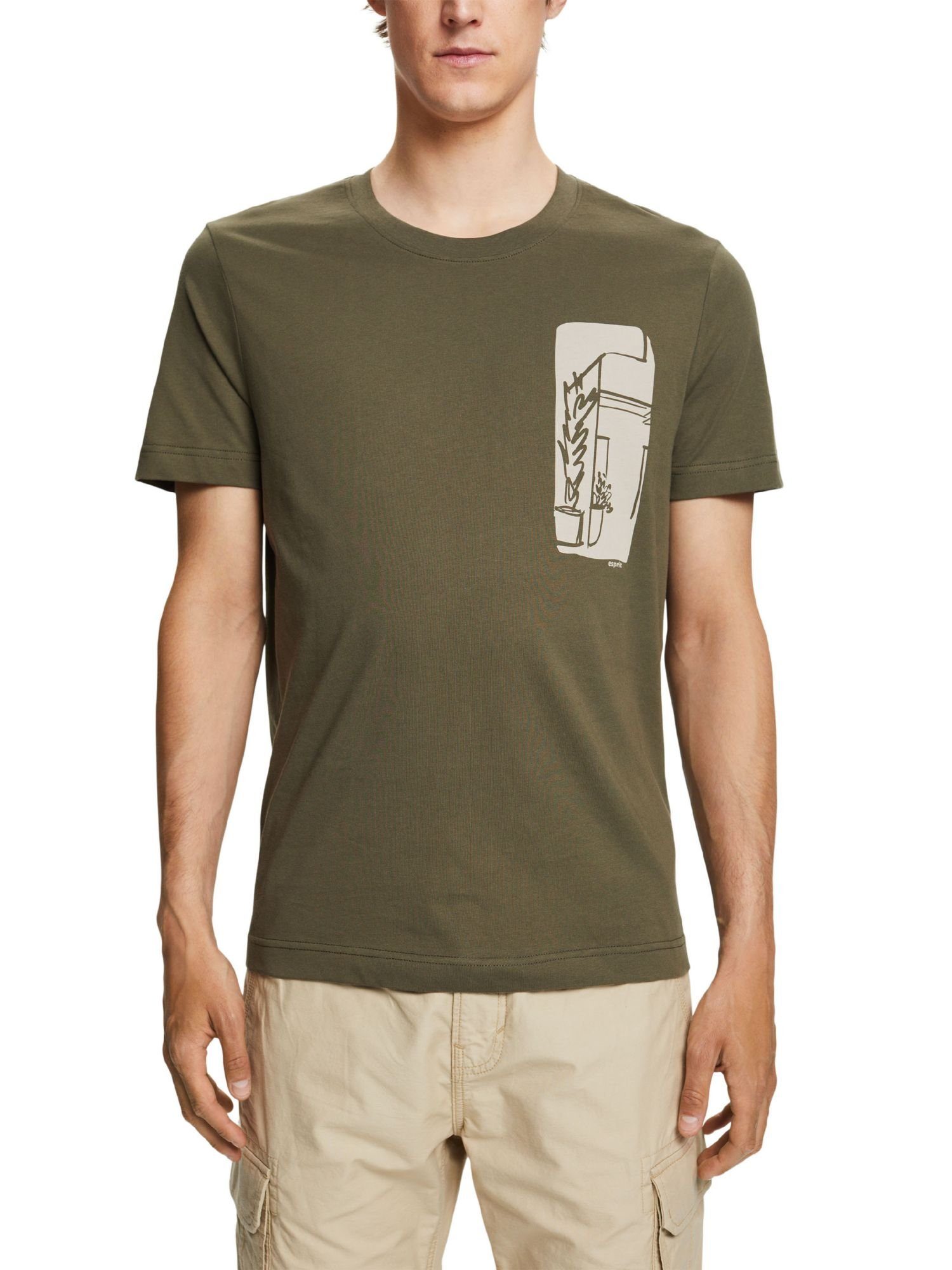 KHAKI (1-tlg) Frontprint, 100% mit T-Shirt GREEN T-Shirt Baumwolle by Esprit edc