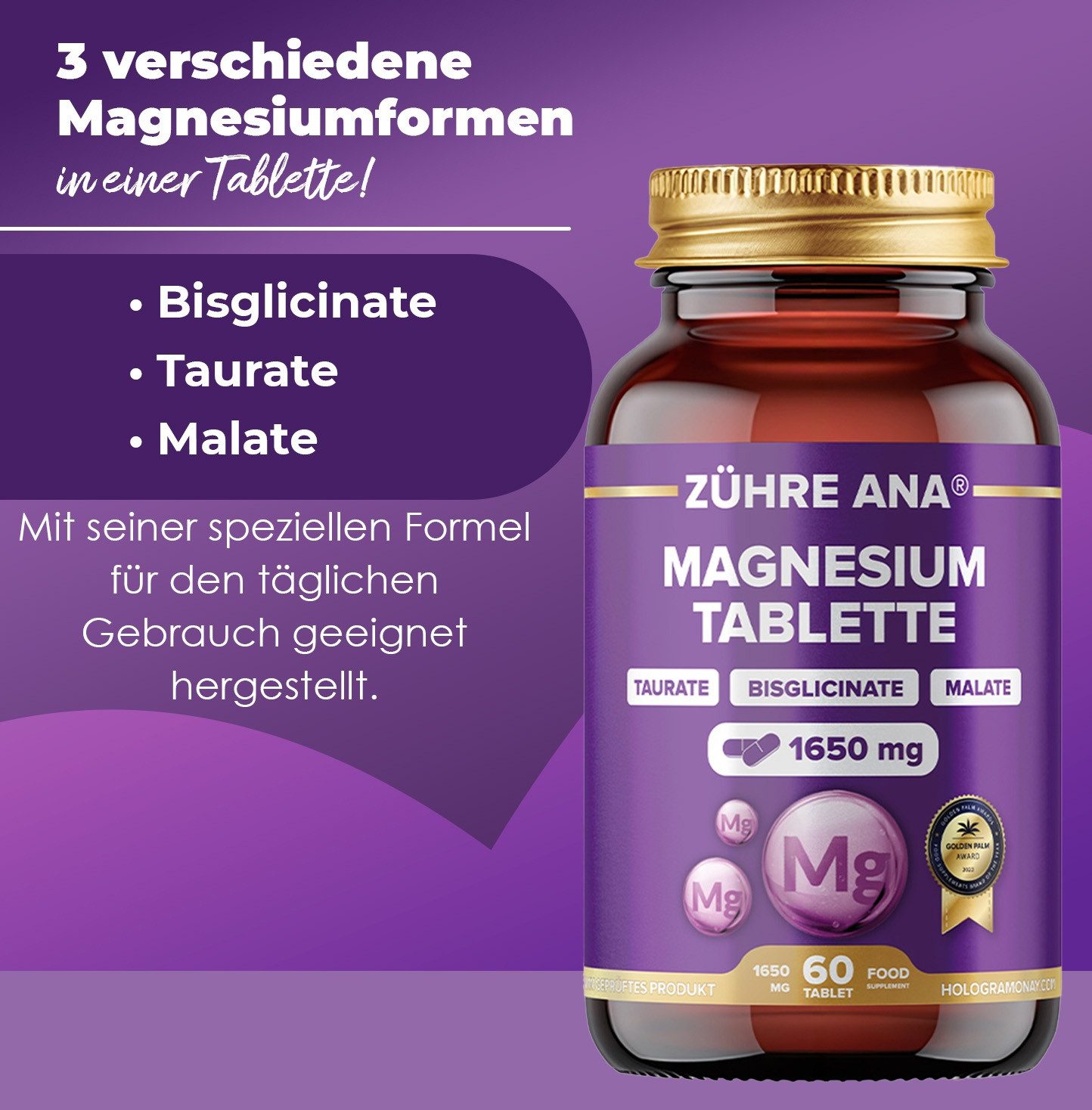 Zühre Ana® Magnesium Tabletten – Ausgewogene und starke Ergänzungsformel Kapseln, 60 St., 60 g, Magnesium 60 Tabletten – Ausgewogene und starke Ergänzungsformel