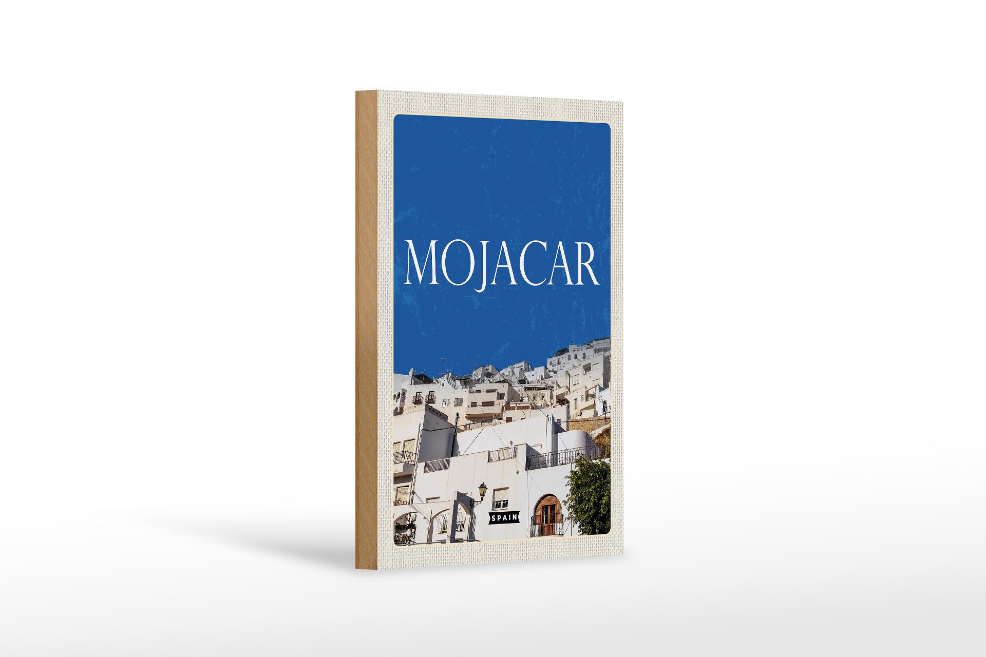 Femer GmbH Holzbild Reise 12x18cm Retro Mojacar Spain Spanien Himmelschild, (1 St), Glatte Holzfaserplatte (MDF), vorn beschichtet