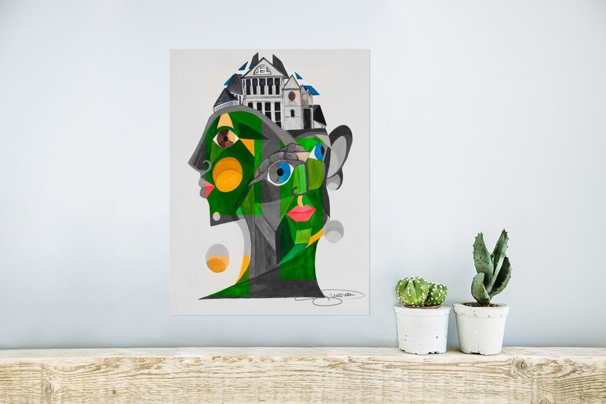 St), Wandposter Wohnzimmer, - Rahmen - Haus (1 Poster, Wandbild, Grün, Ohne Poster Abstrakt Gesichter - für MuchoWow