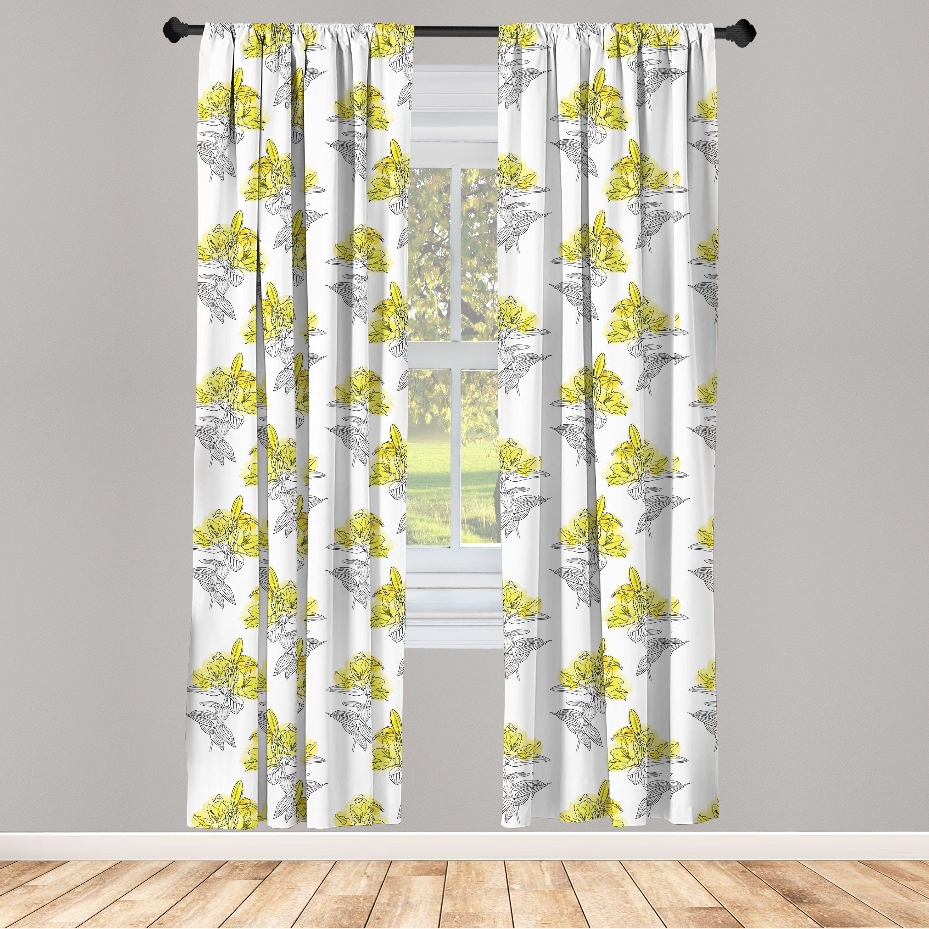 Gardine Vorhang für Wohnzimmer Schlafzimmer Dekor, Abakuhaus, Microfaser, Blumen Lilien-Blumen-Skizze-Grafik | Fertiggardinen
