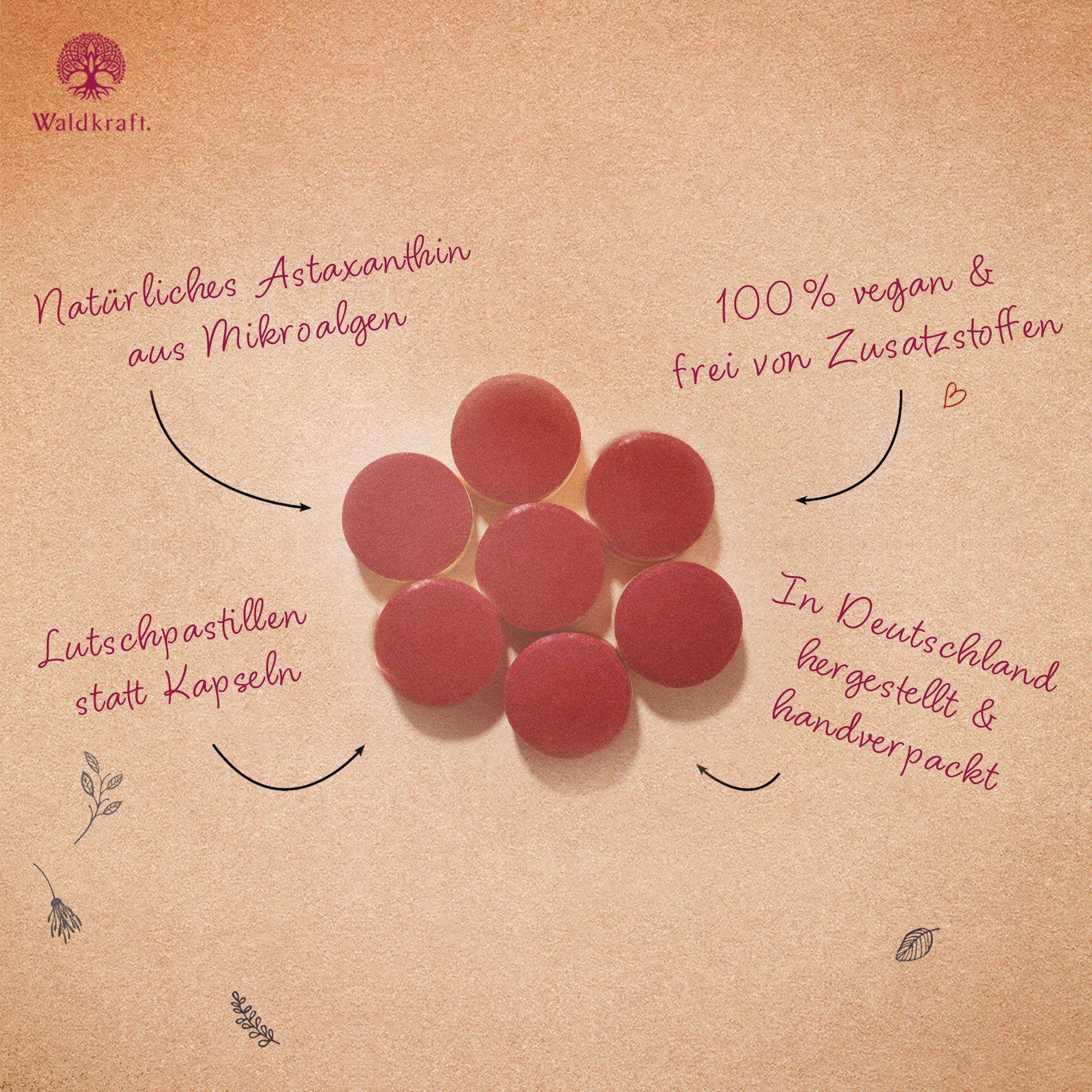 Waldkraft. Erdling Astaxanthin 8 mg Kapseln, aus der Blutregenalge mit fruchtigem Grüntee-Aroma – Vegan à 50 St., 50 g