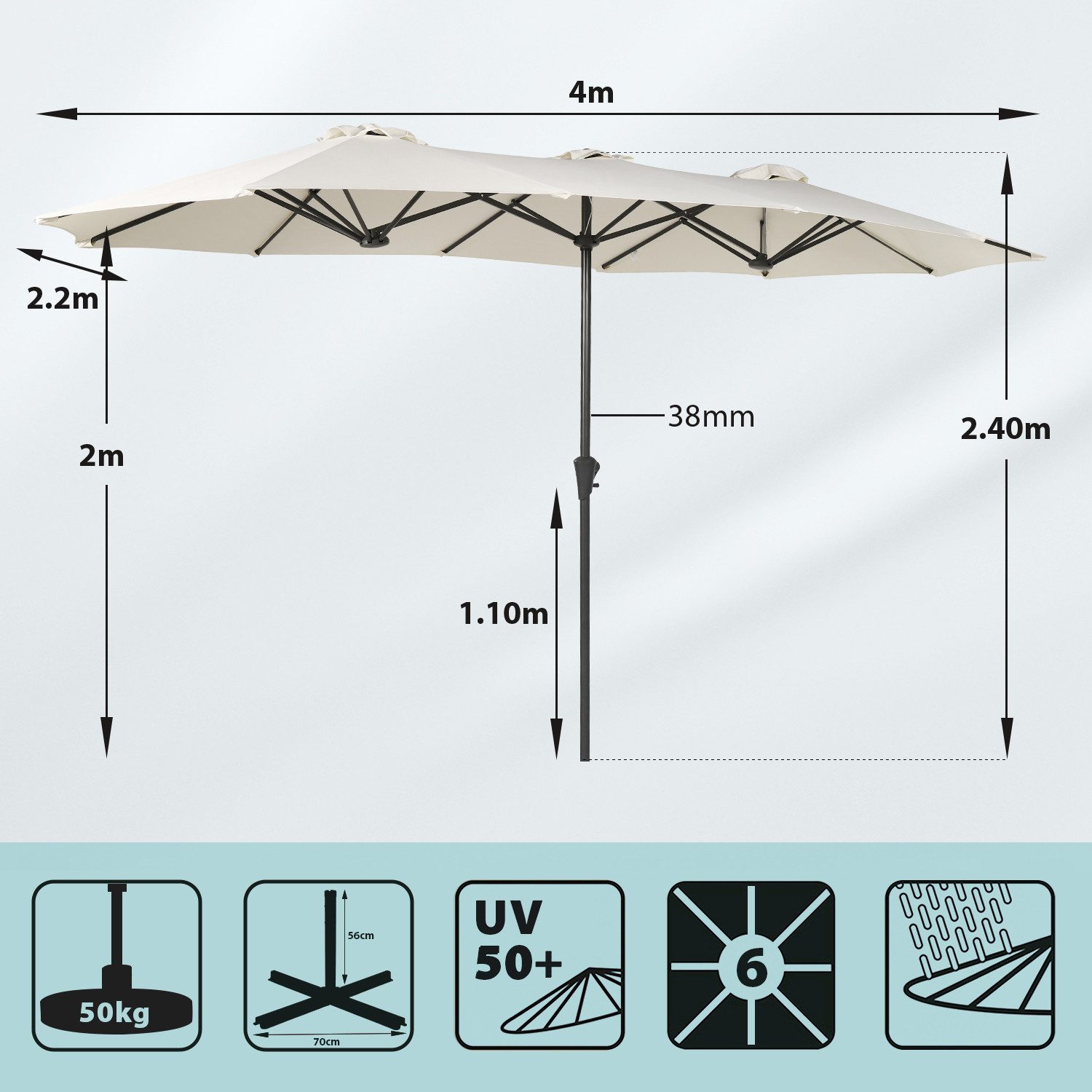 Sekey Sonnenschirm 400 x 220 cm Doppelsonnenschirm mit Kurbel, Groß Gartenschirm, UPF50+, LxB: 400,00x220,00 cm, Ohne/mit 50kg Ständer, UV 50+, wasserdicht, belüftet