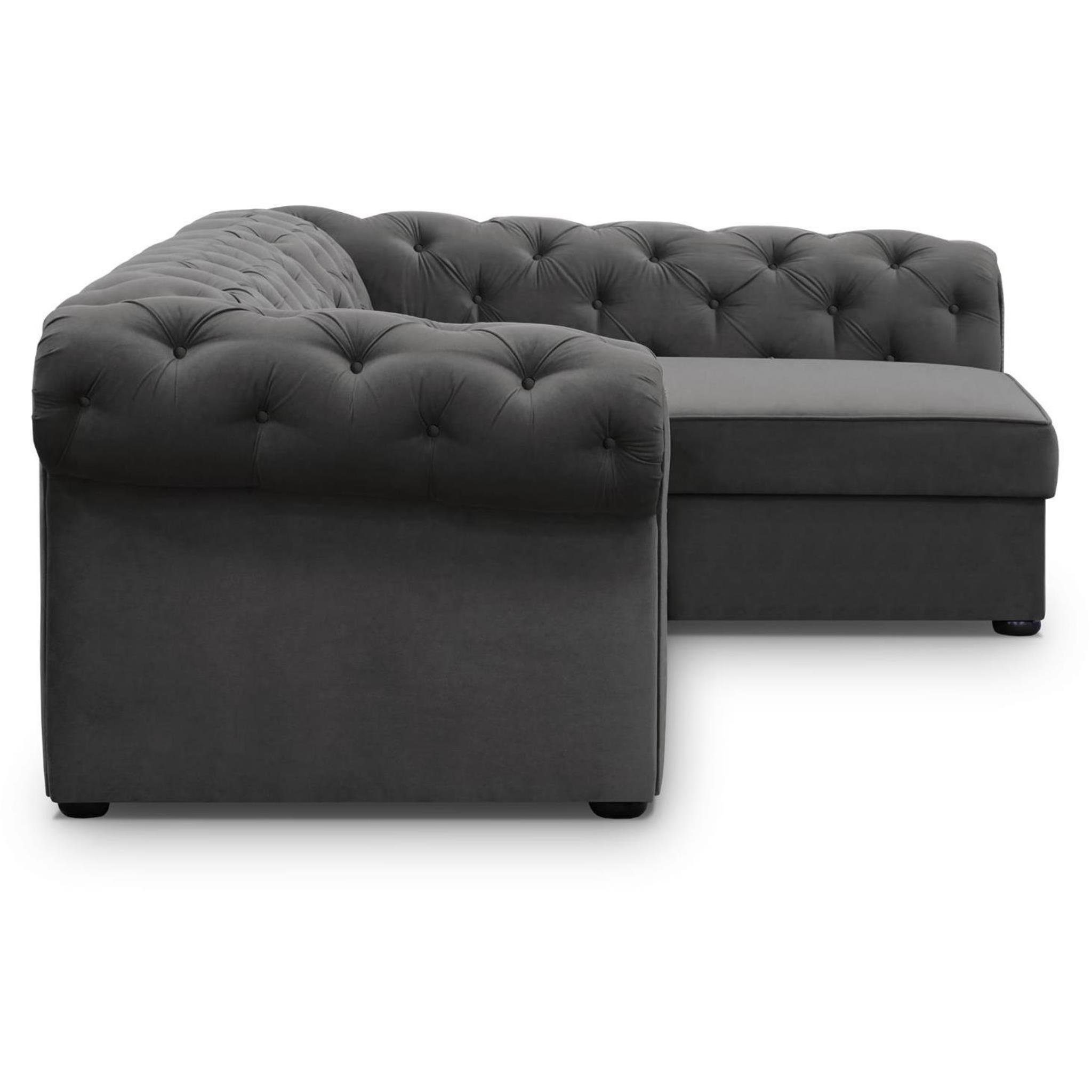 Beautysofa Ecksofa Chester L – Elegantes Chesterfield‑Ecksofa aus Velours, Polsterecke mit Bettkasten & Schlaffunktion, Liegefläche: 124x209 cm Polsterecke mit Bettkasten & Schlaffunktion