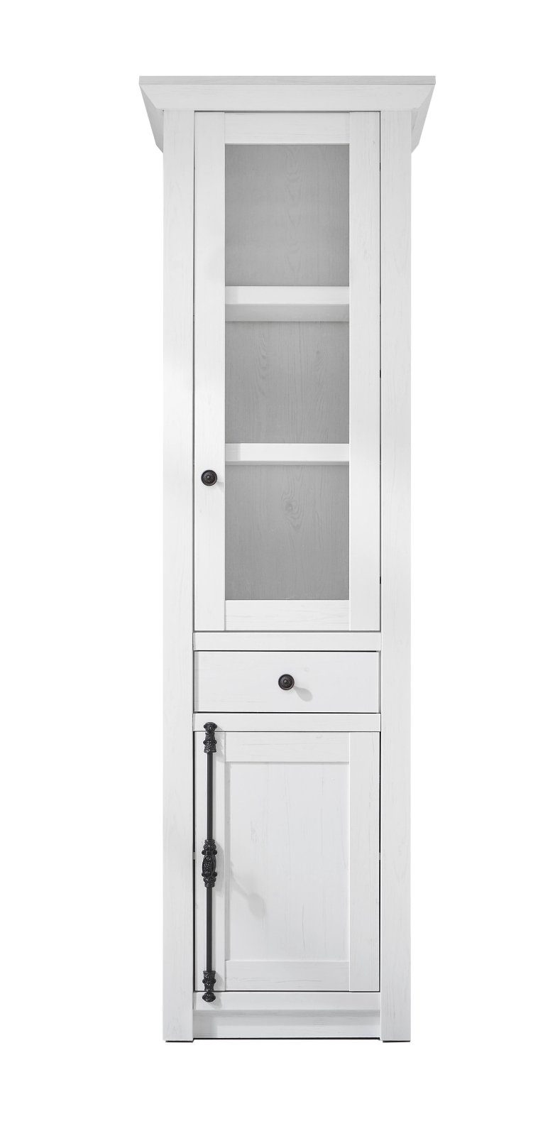 Empinio24 Standvitrine WALES 63x207 cm, 2-türig, 1x Schubkasten, Beleuchtung, weiß Pinie