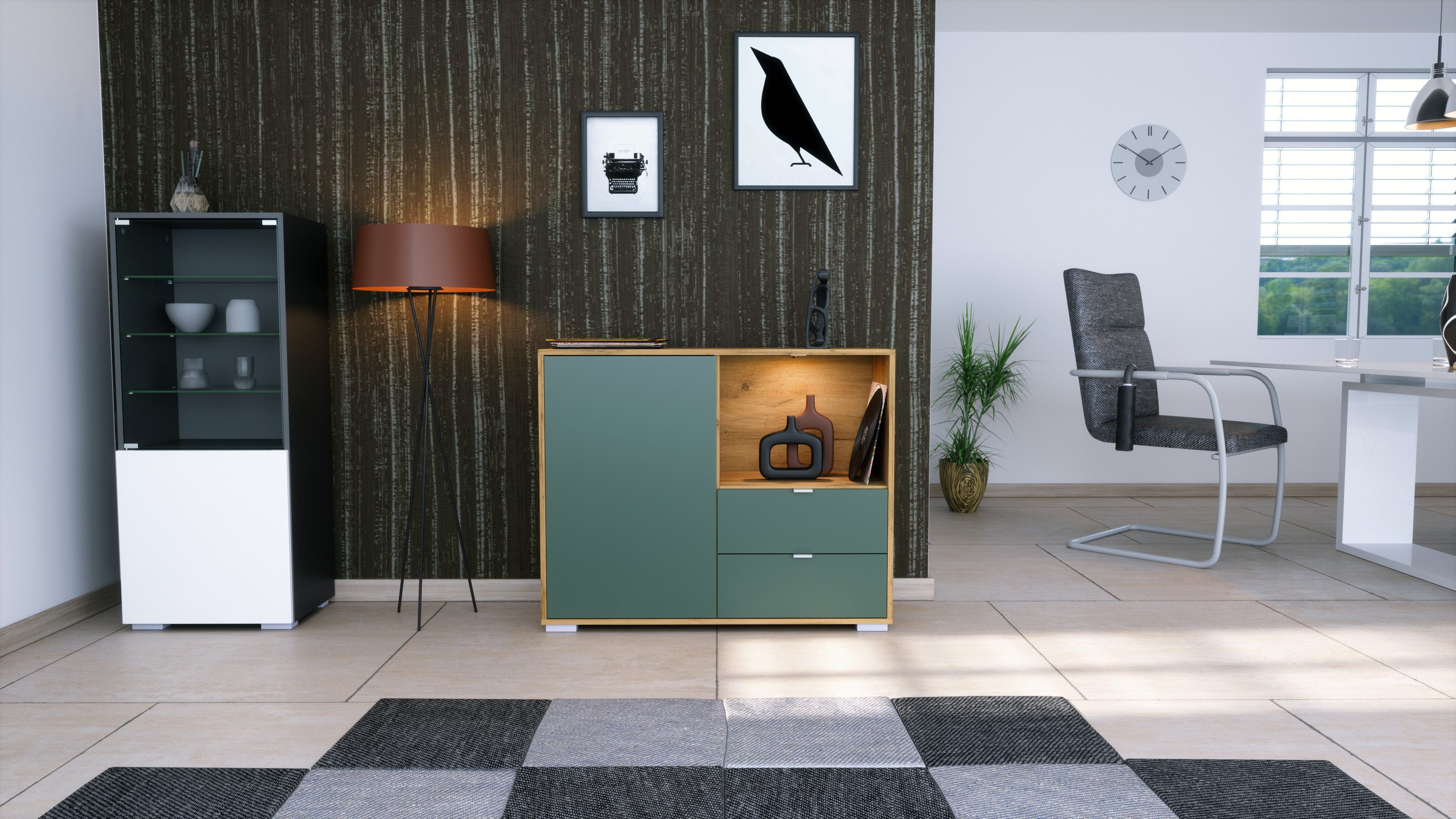 Vladon Kommode Milano (Kommode mit 1 Tür Fjord Grün, 2 Schubladen Fjord Grün, inkl. LED, Made in Germany), Korpus Eiche Evoke (103 x 83 x 37 cm)