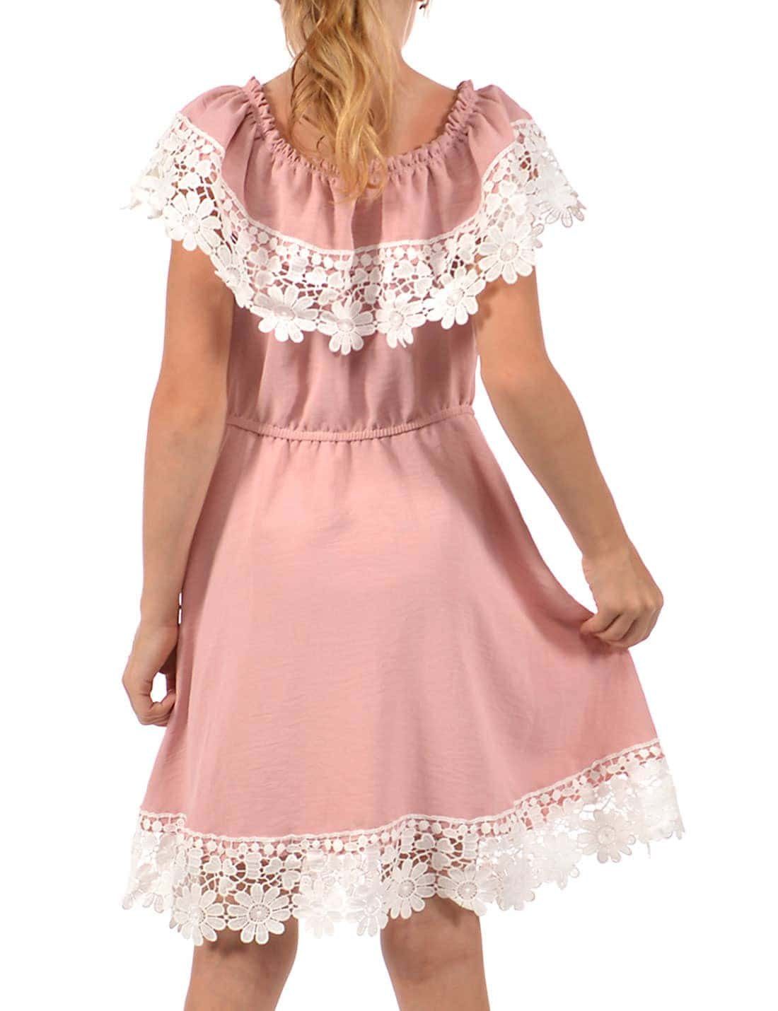 KMISSO Sommerkleid Mädchen Kleid Schulterfrei mit Altrosa Spitze (1-tlg) bequem zu tragen