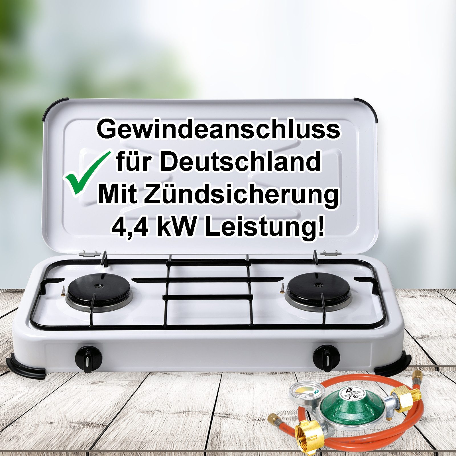 BlueCraft Gaskocher 2 flammig mit Zündsicherung 50mbar Propan Gas Campingkocher 4,4 kW, (mit Schlauch 100 cm und Gas Regler Druckminderer mit Manometer), Camping Gas Kocher 2 flammen für Gasflasche Gasherd Gas-Kochfeld