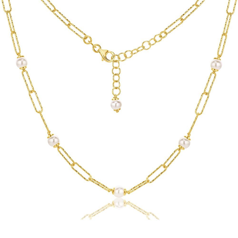 Miore Perlenkette TA006SN - mit 6 Perlen & Paperclip 925 Sterling Silber vergoldet 18 Kt, Perlengröße ca. 5 mm - Made in Italy