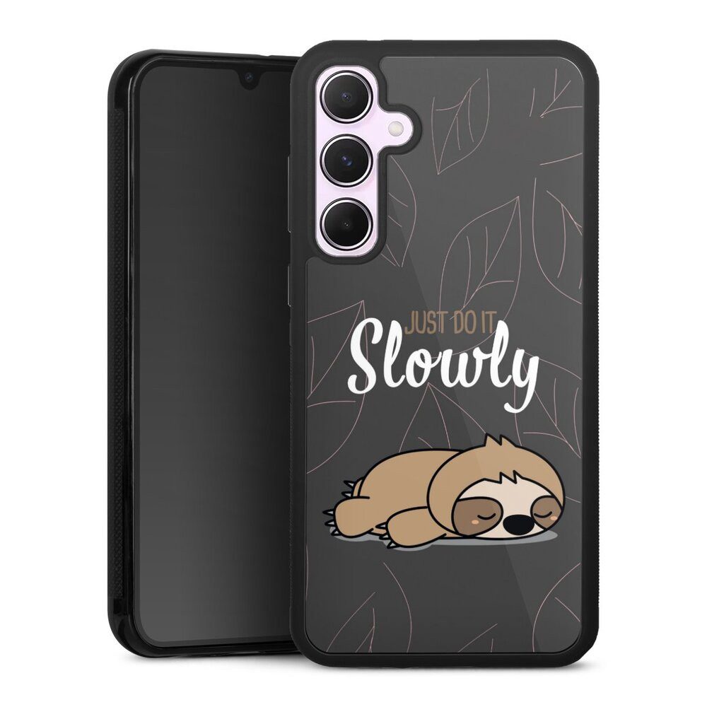 DeinDesign Handyhülle lazy sunday Sprüche Faultier Just Do It Slowly Sloth Grey, Samsung Galaxy A55 5G Gallery Case Glas Hülle